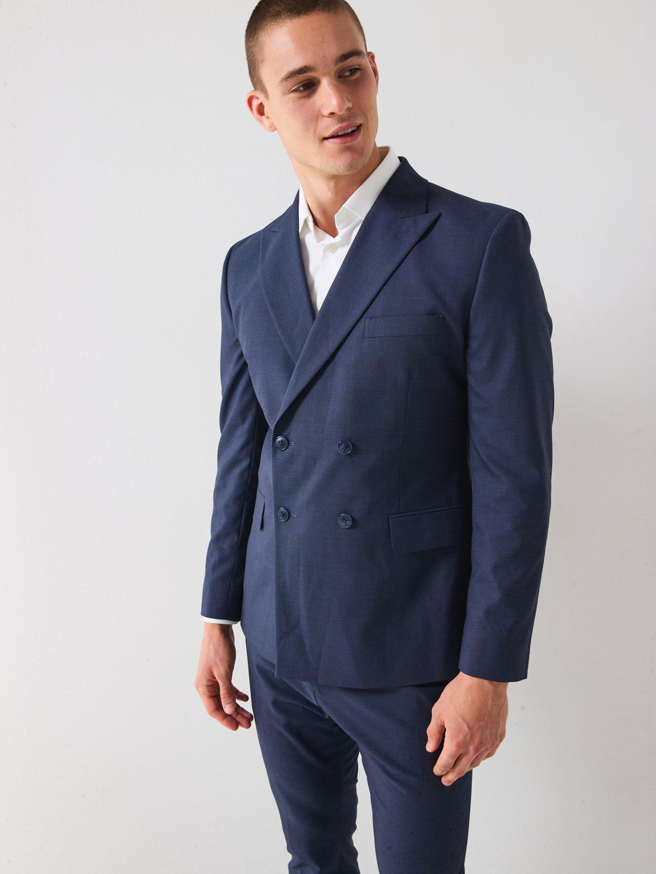 Very Man Slim Fit Micro Dogtooth Peak Lapel Double Breasted Suit Jacket - Navy