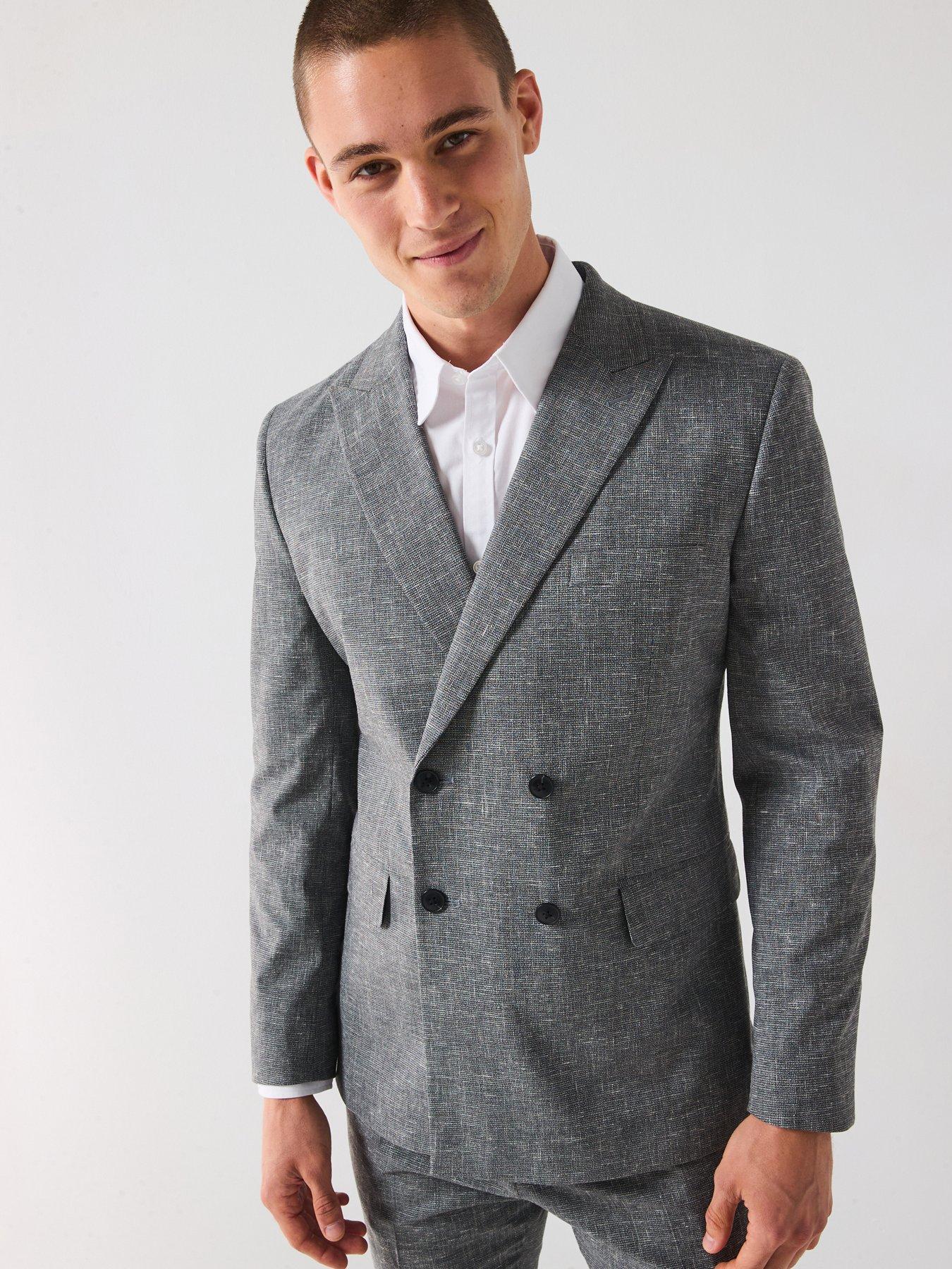 Very Man Slim Fit Peak Lapel Double Breasted Textured Suit Jacket - Grey