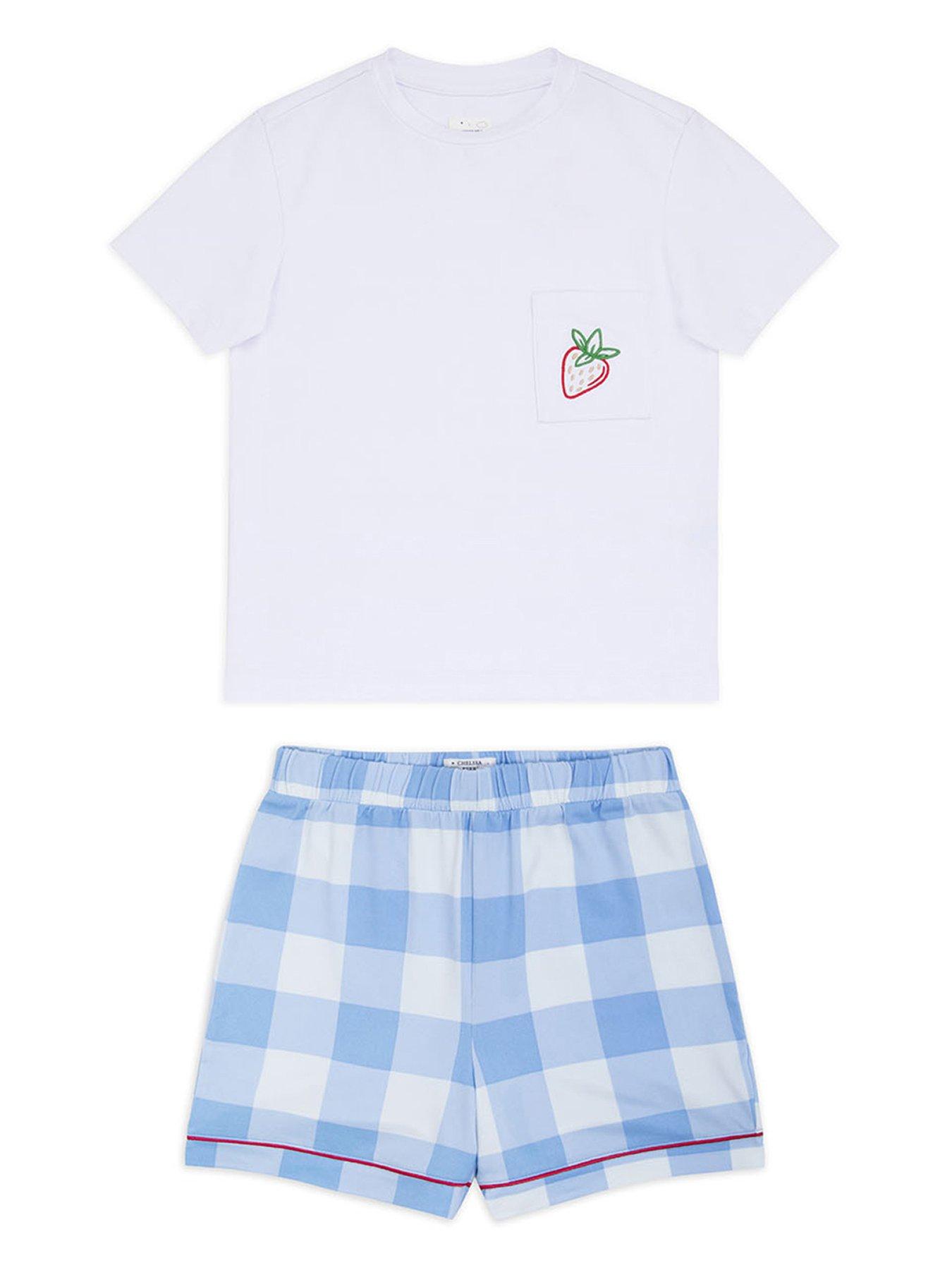 chelsea-peers-girls-gingham-crew-neck-t-shirt-and-short-pyjama-set-blue