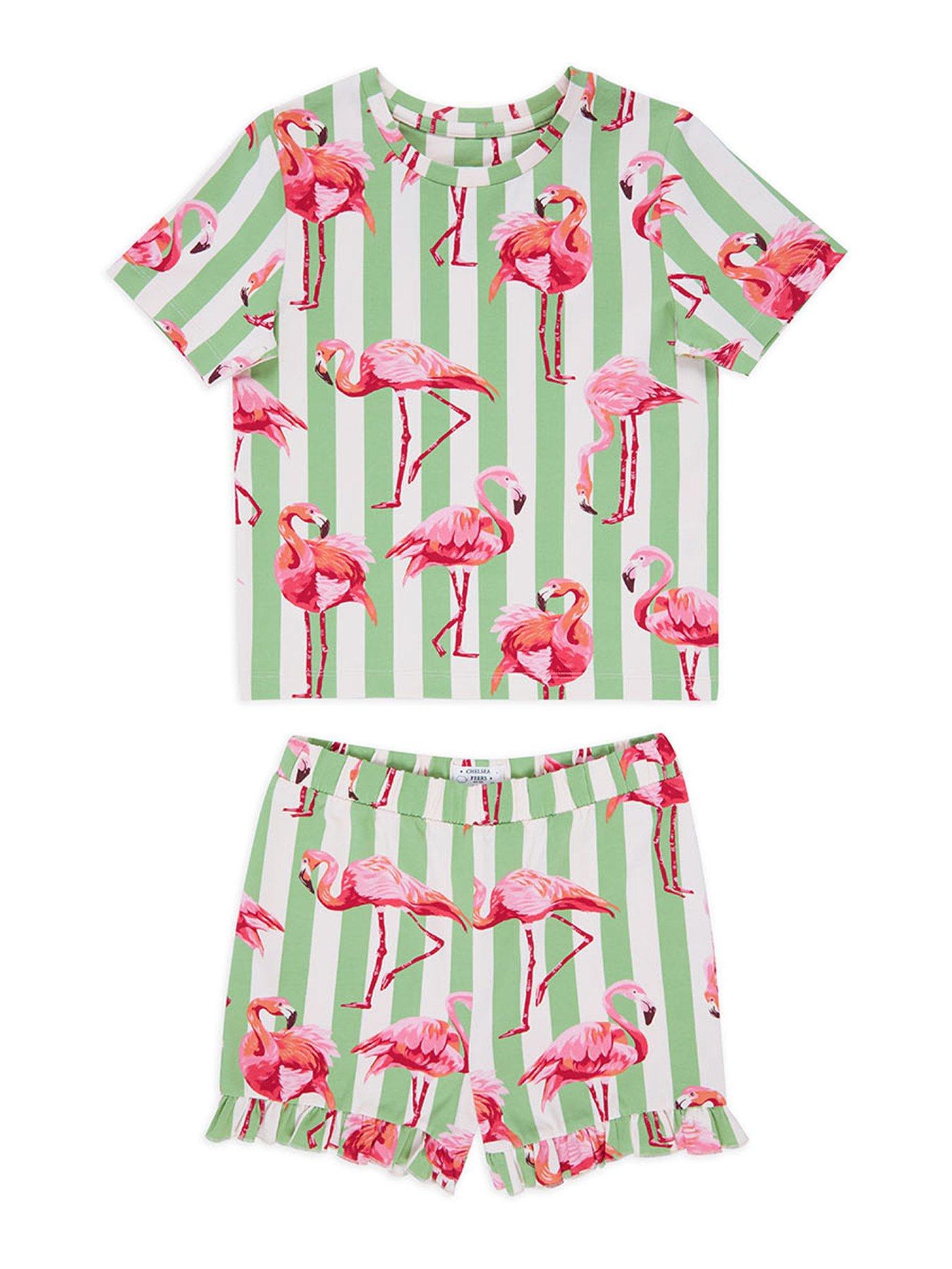 Image of CHELSEA PEERS Unisex Kids Flamingo Stripe T-shirt And Short Pyjama Set - Multi