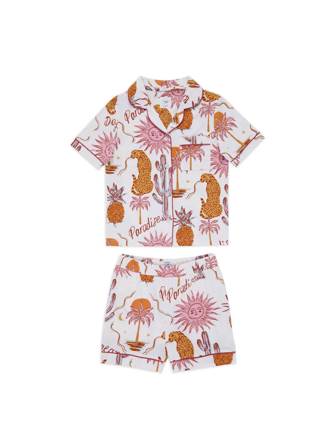 Image 1 of 3 of CHELSEA PEERS Unisex Kids Daydreamer Paradise Print Short Sleeve Revere And Short Pyjama Set - Cream