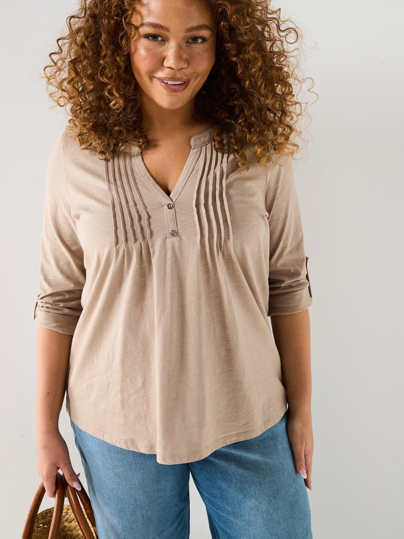 Image of V by Very Curve 3/4 Sleeve Stretch Henley Top - Beige