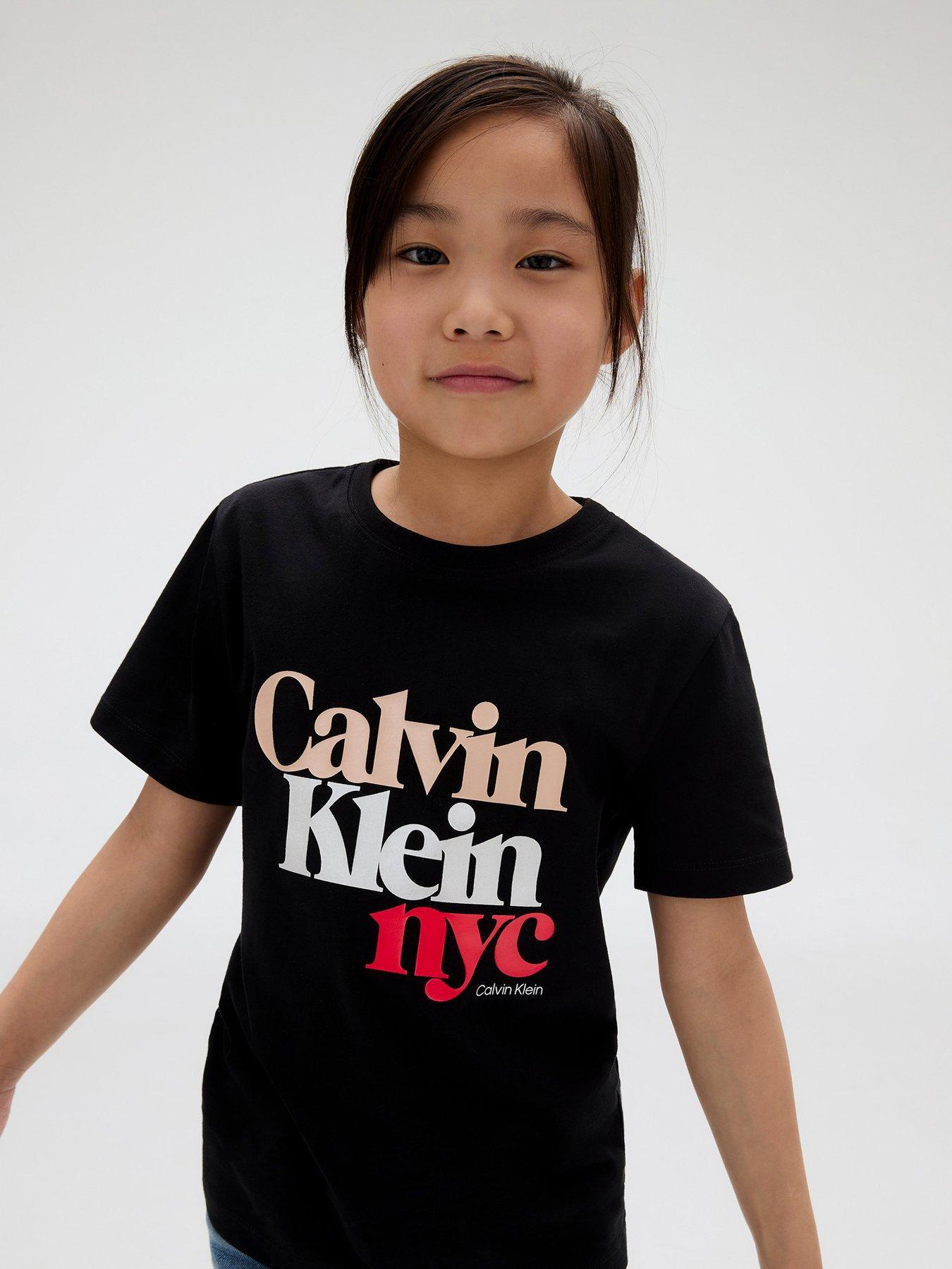 Calvin Klein Jeans Girls Pearl Signature NYC Regular Short Sleeve T-Shirt - Black