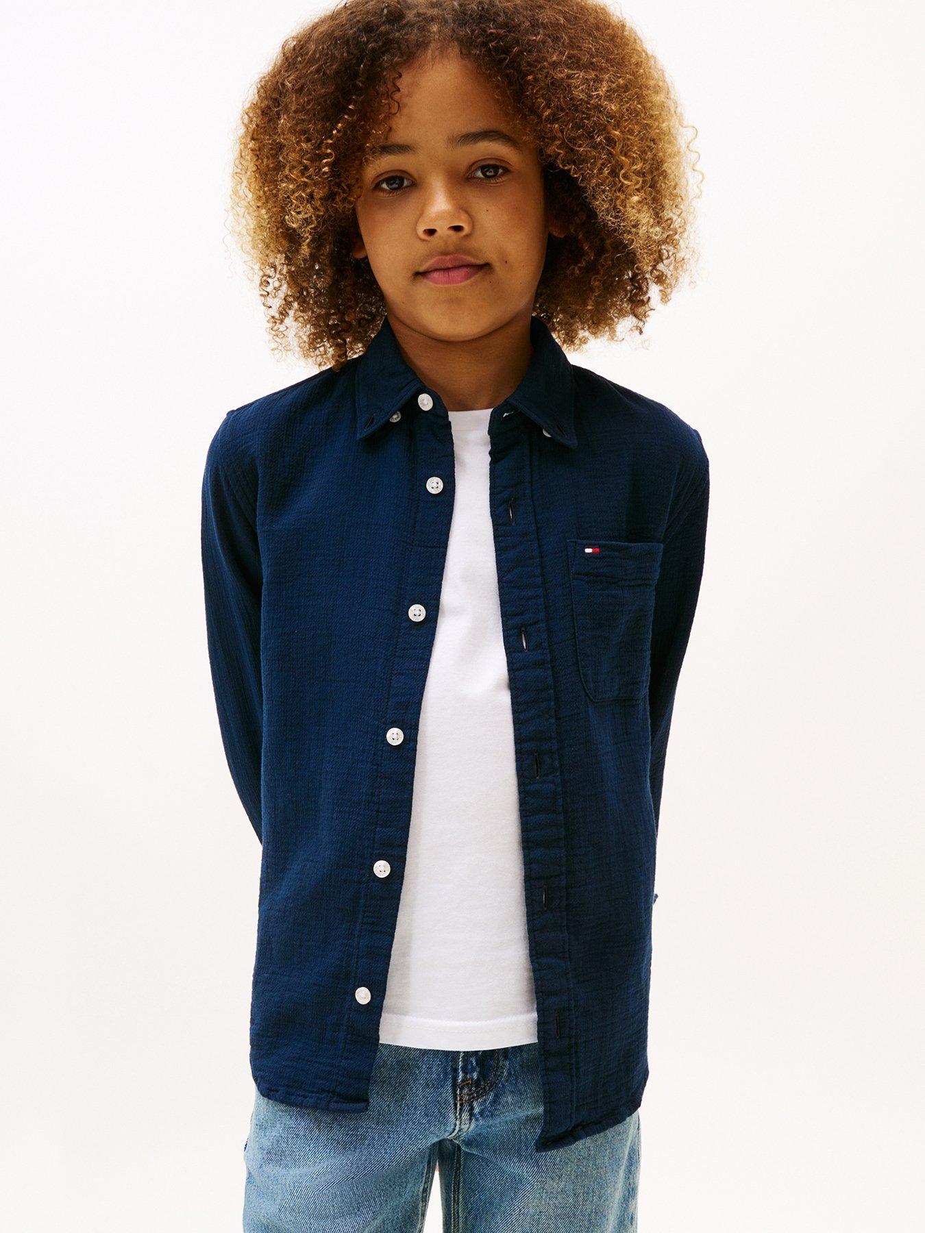 undefined Boys Textured Solid Long Sleeve Shirt - Navy