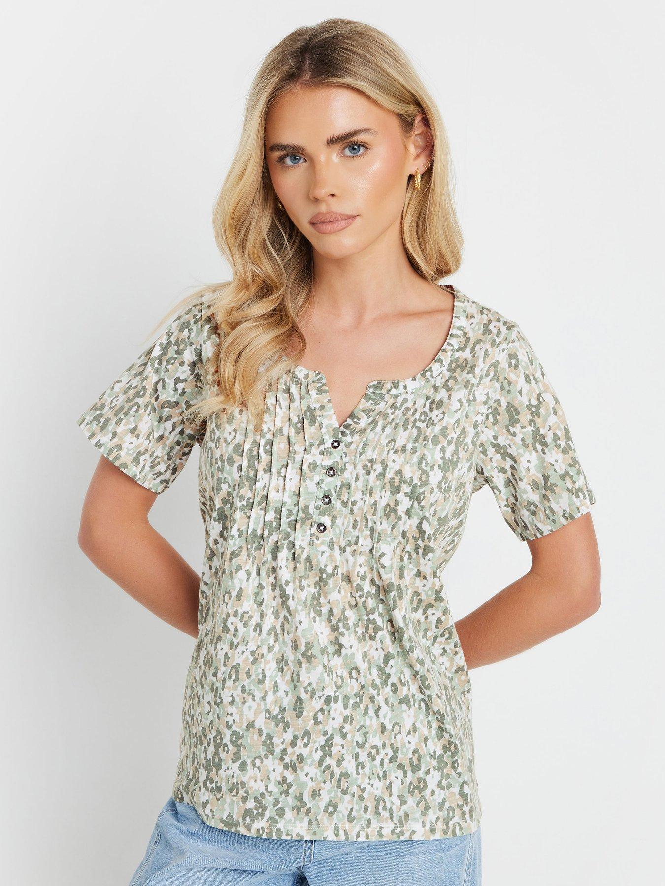 Image of M&Co Petite Short Sleeve Cotton Henley Top - Green