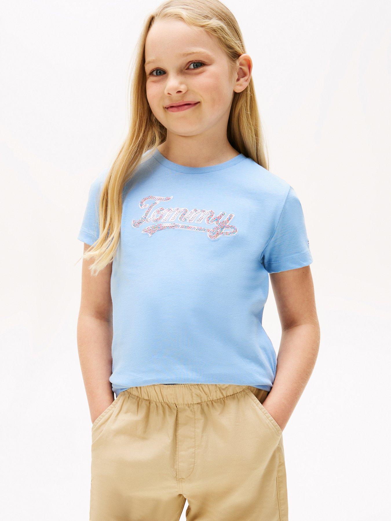 Tommy Hilfiger Girls Script Sequins Short Sleeve T-Shirt - Blue