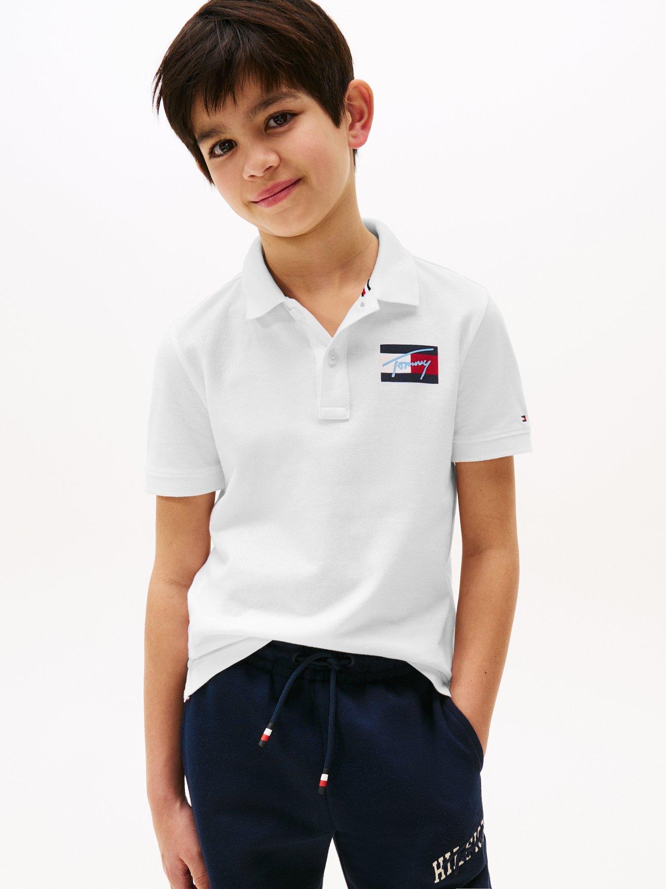 Tommy Hilfiger Boys Script Flag Short Sleeve Polo Shirt - White