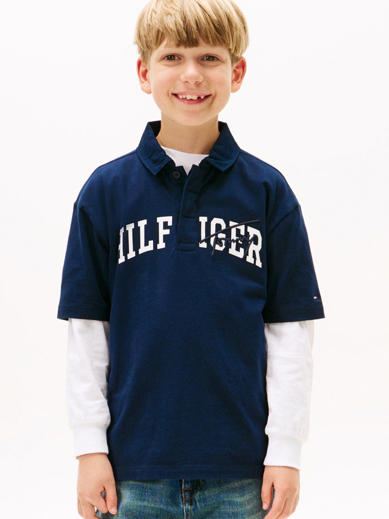 Tommy Hilfiger Boys Archive Th Mixed Graphic Short Sleeve Polo Shirt - Navy