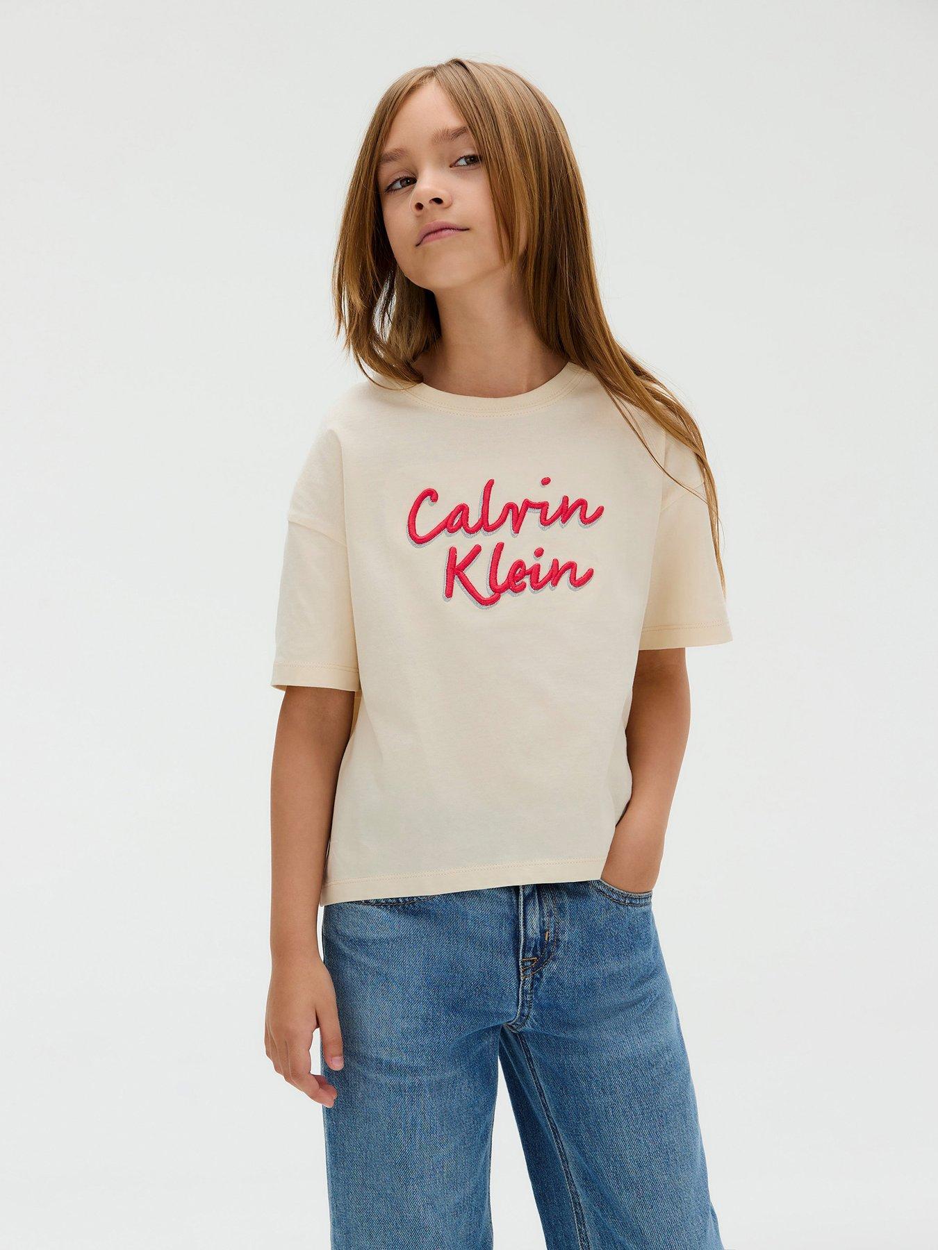 Calvin Klein Jeans Girls Metallic Logo Tech Short Sleeve Boxy T-Shirt - Beige