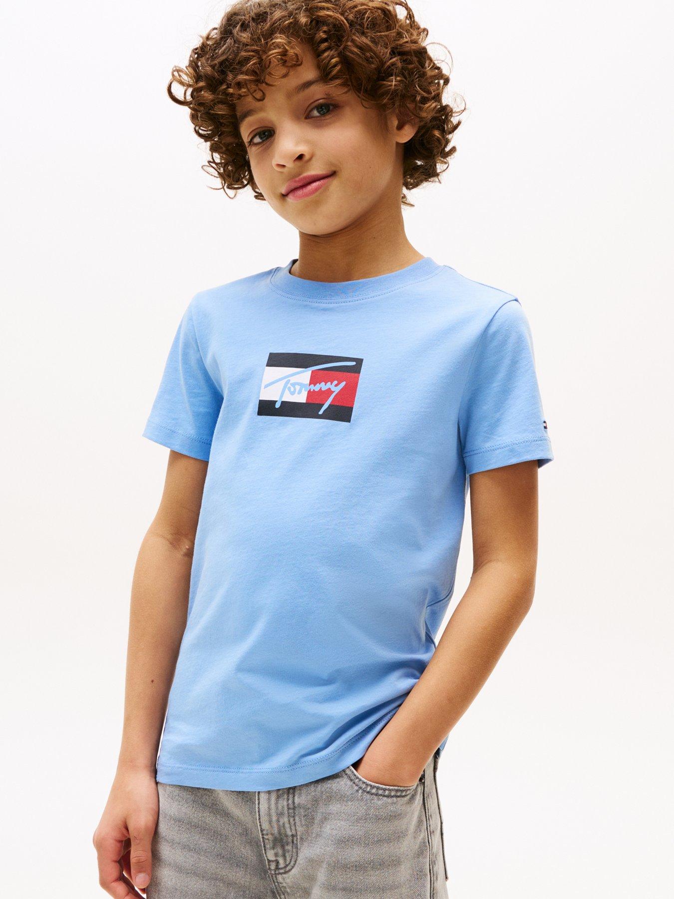 Tommy Hilfiger Boys Script Flag Print Short Sleeve T-Shirt - Blue