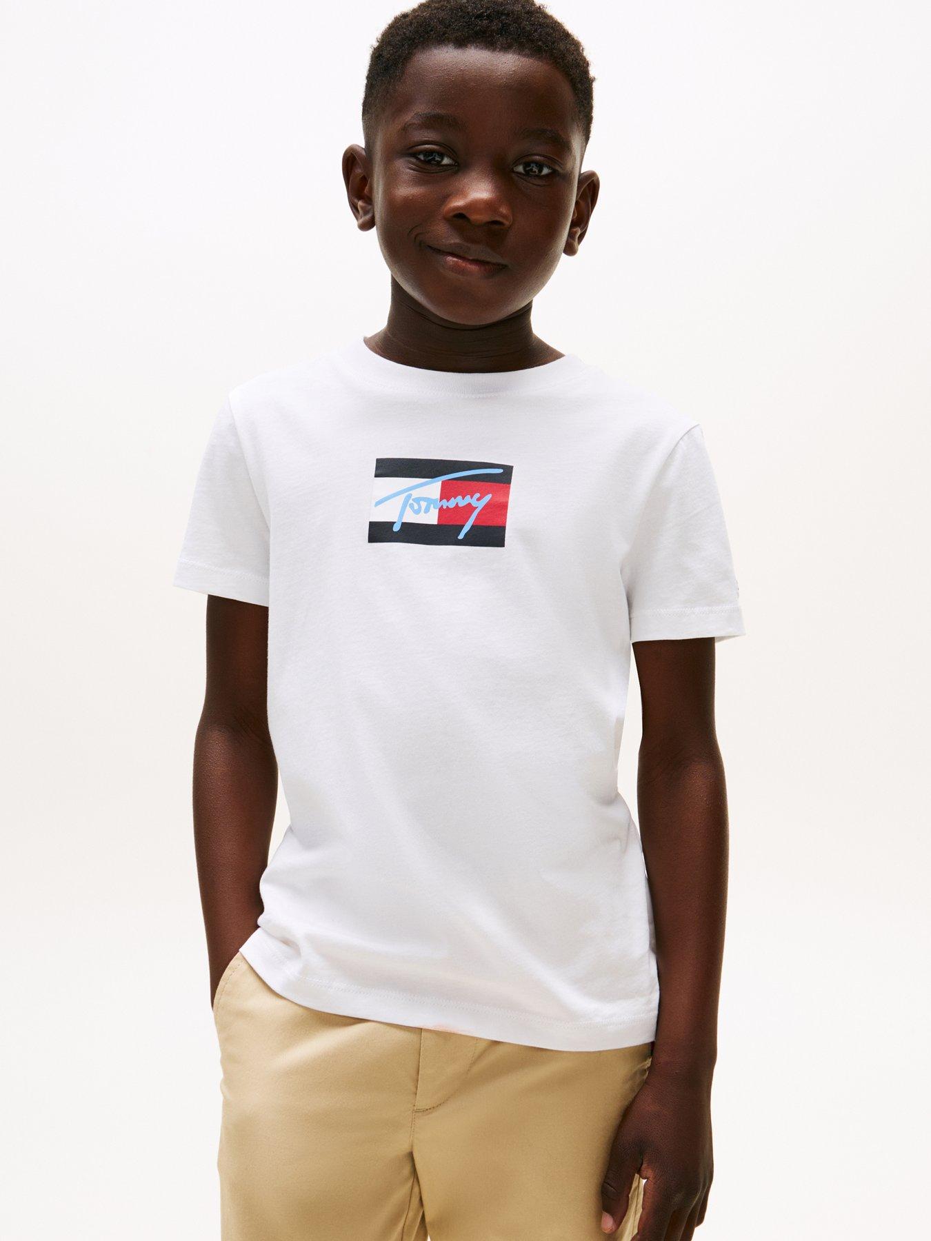 Tommy Hilfiger Boys Script Flag Print Short Sleeve T-Shirt - White