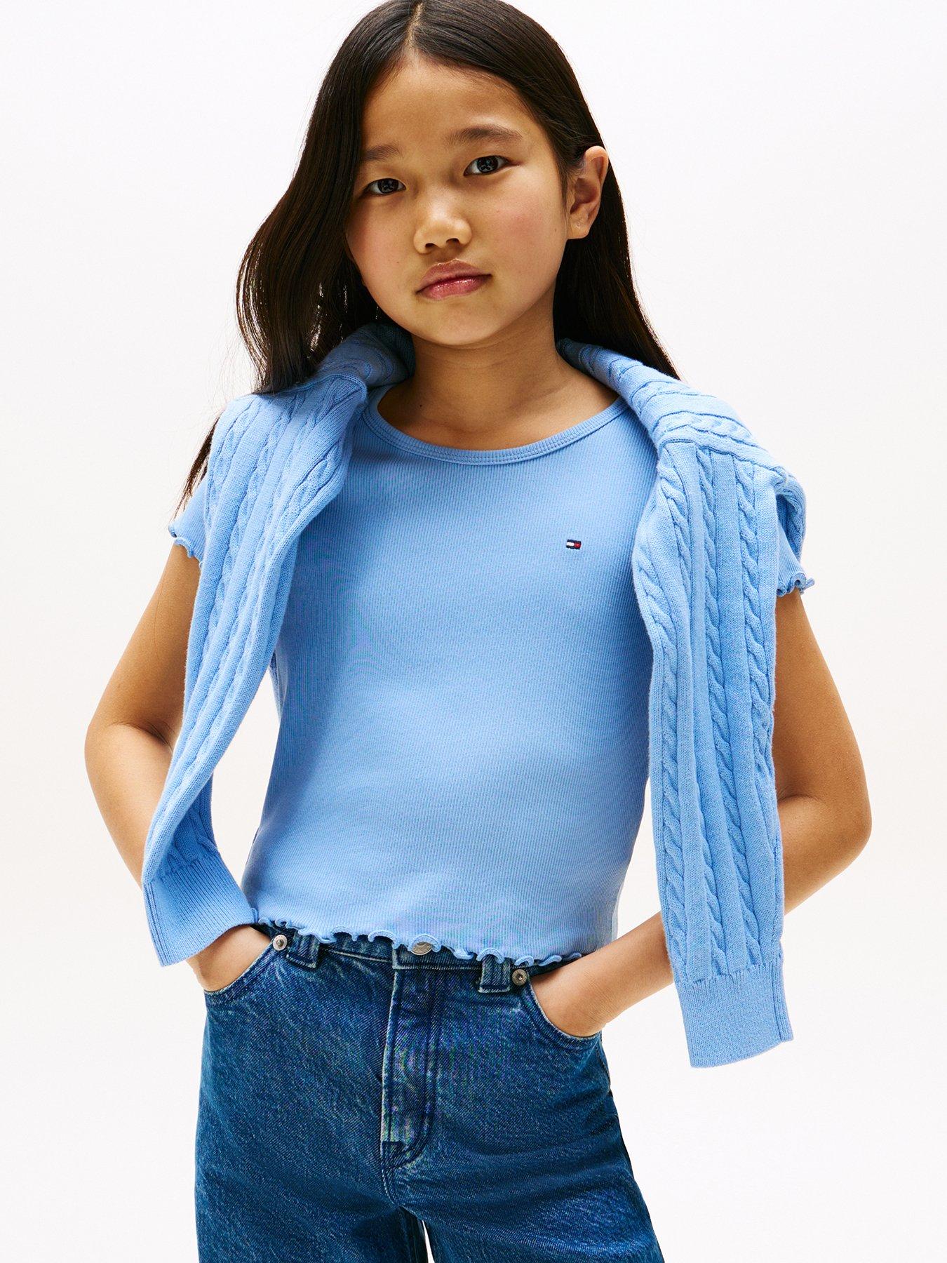 Tommy Hilfiger Girls Essential Rib Short Sleeve Top - Blue