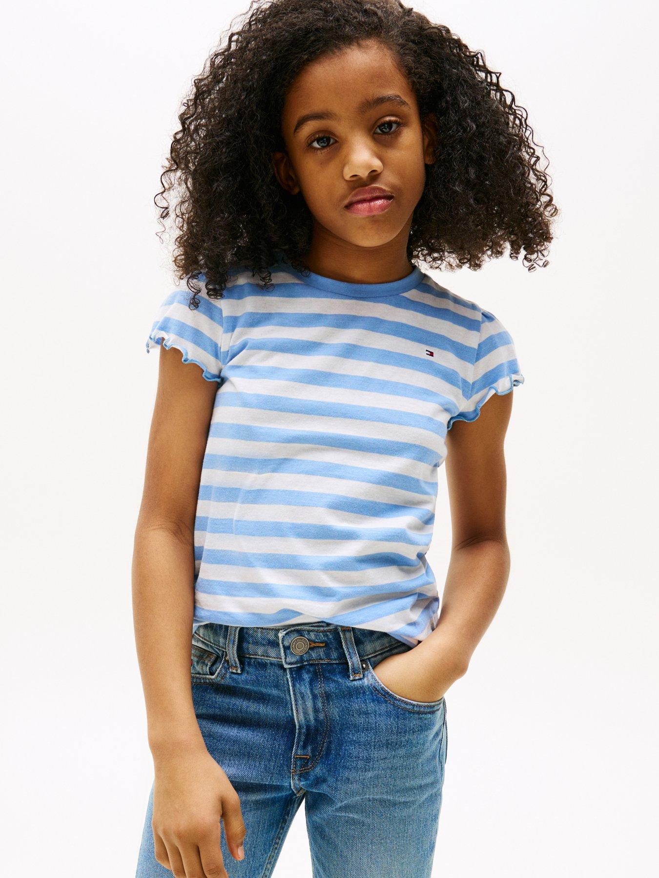 Tommy Hilfiger Girls Essential Stripe Ruffle Short Sleeve Top - Blue