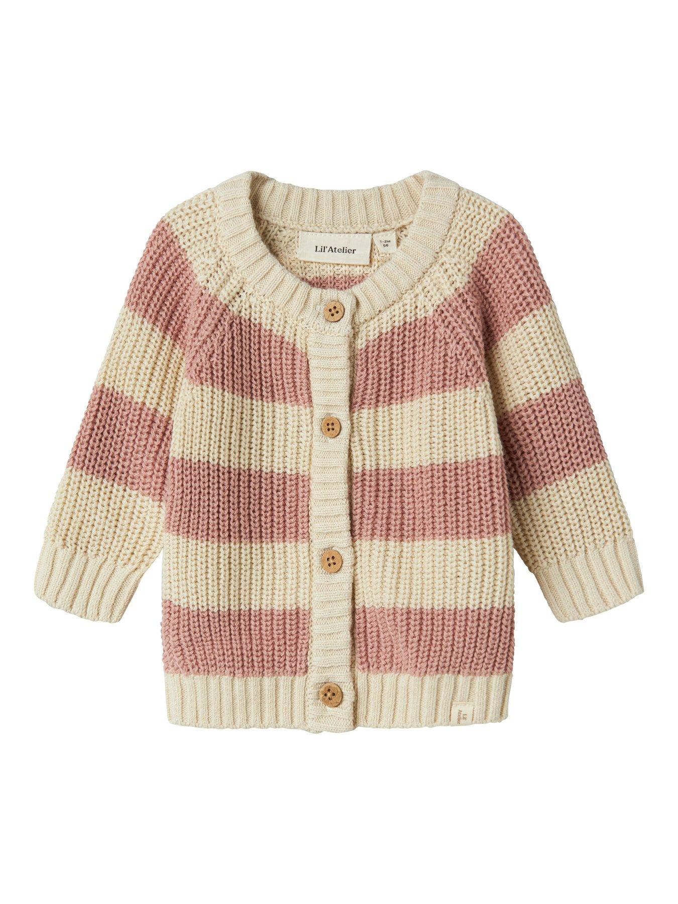 Lil Atelier Baby Girls Chunky Knitted Striped Cardigan - Pink