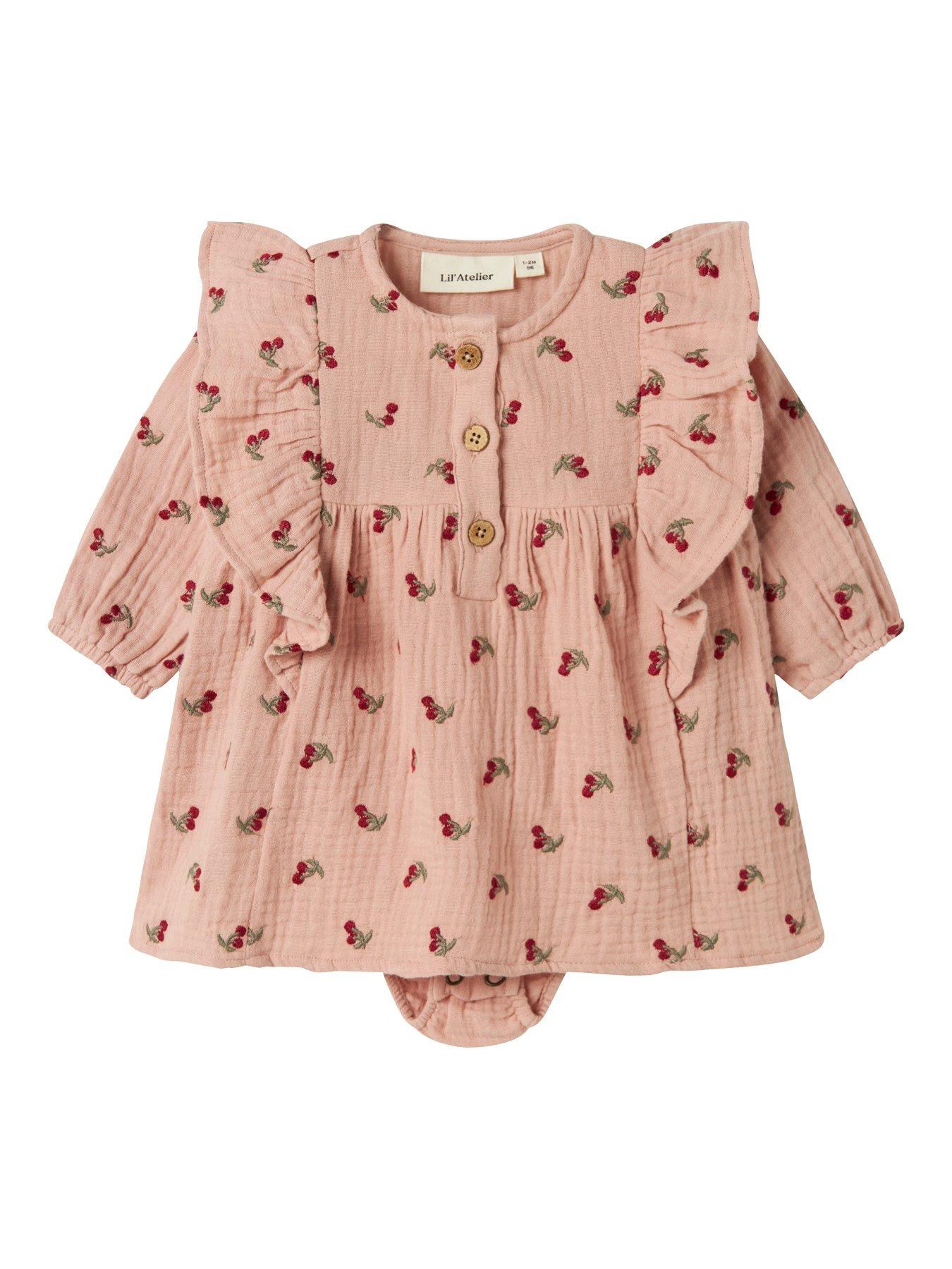 Lil Atelier Baby Girls Cherry Embroidered Bodysuit Dress - Misty Rose