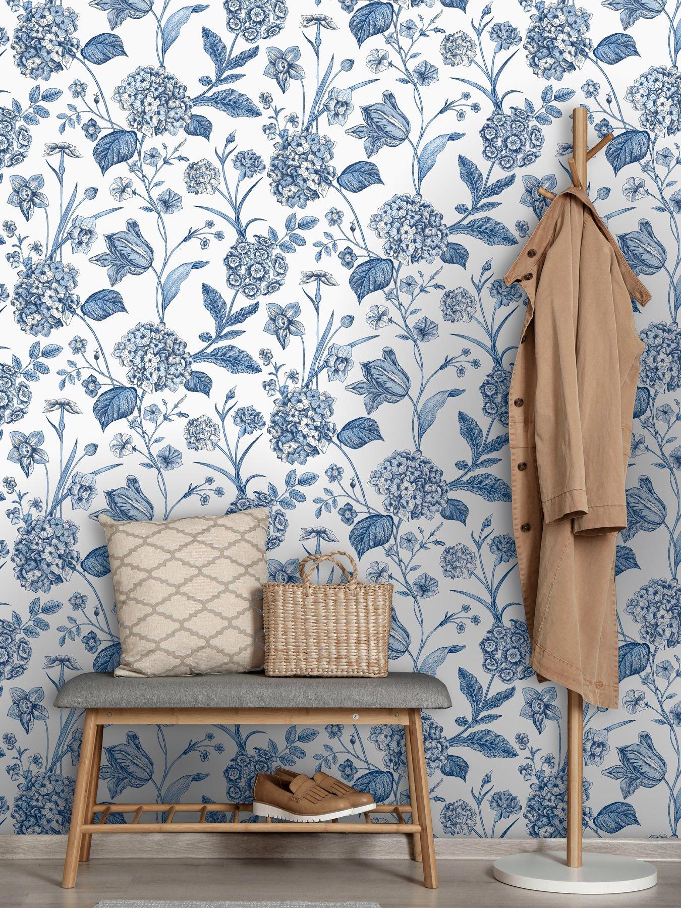 undefined Amelie Hydrangea Wallpaper in Blue and White