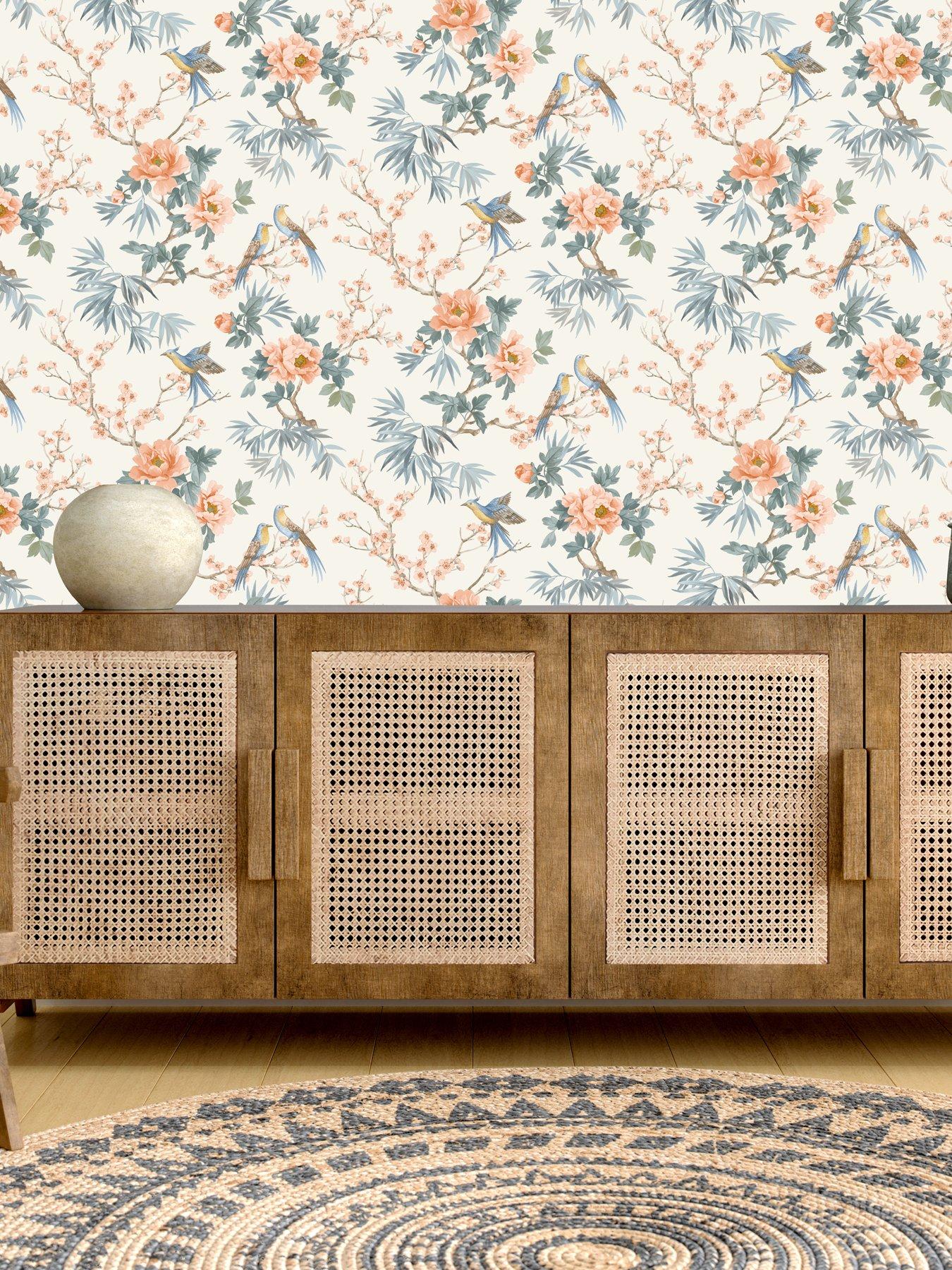 undefined Amelie Chinoiserie Wallpaper in Orange/Blue