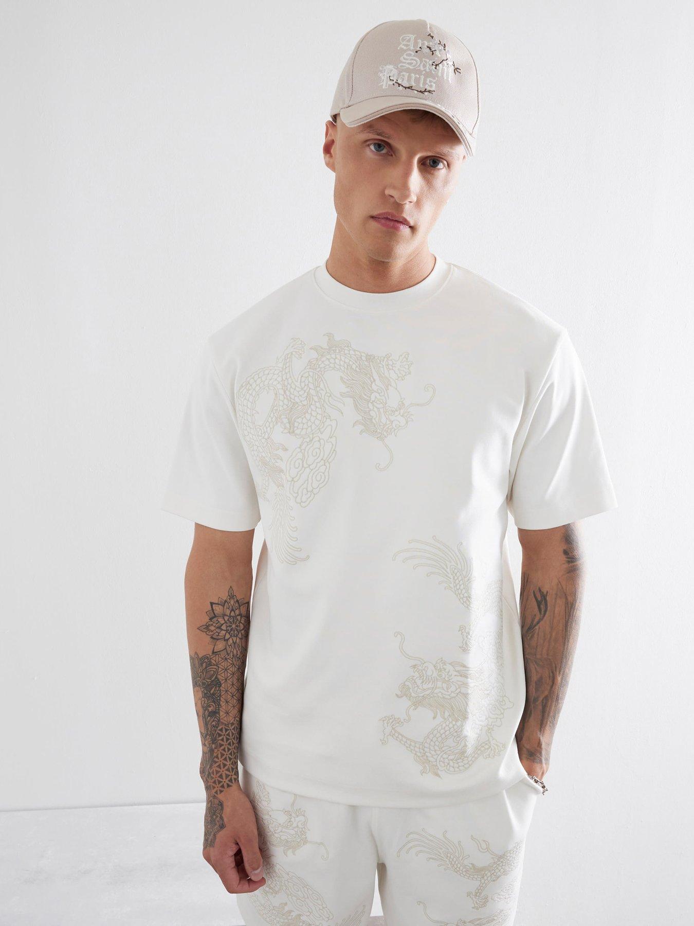 undefined Regular Fit Tonal Dragon Embroidered T-Shirt - Cream