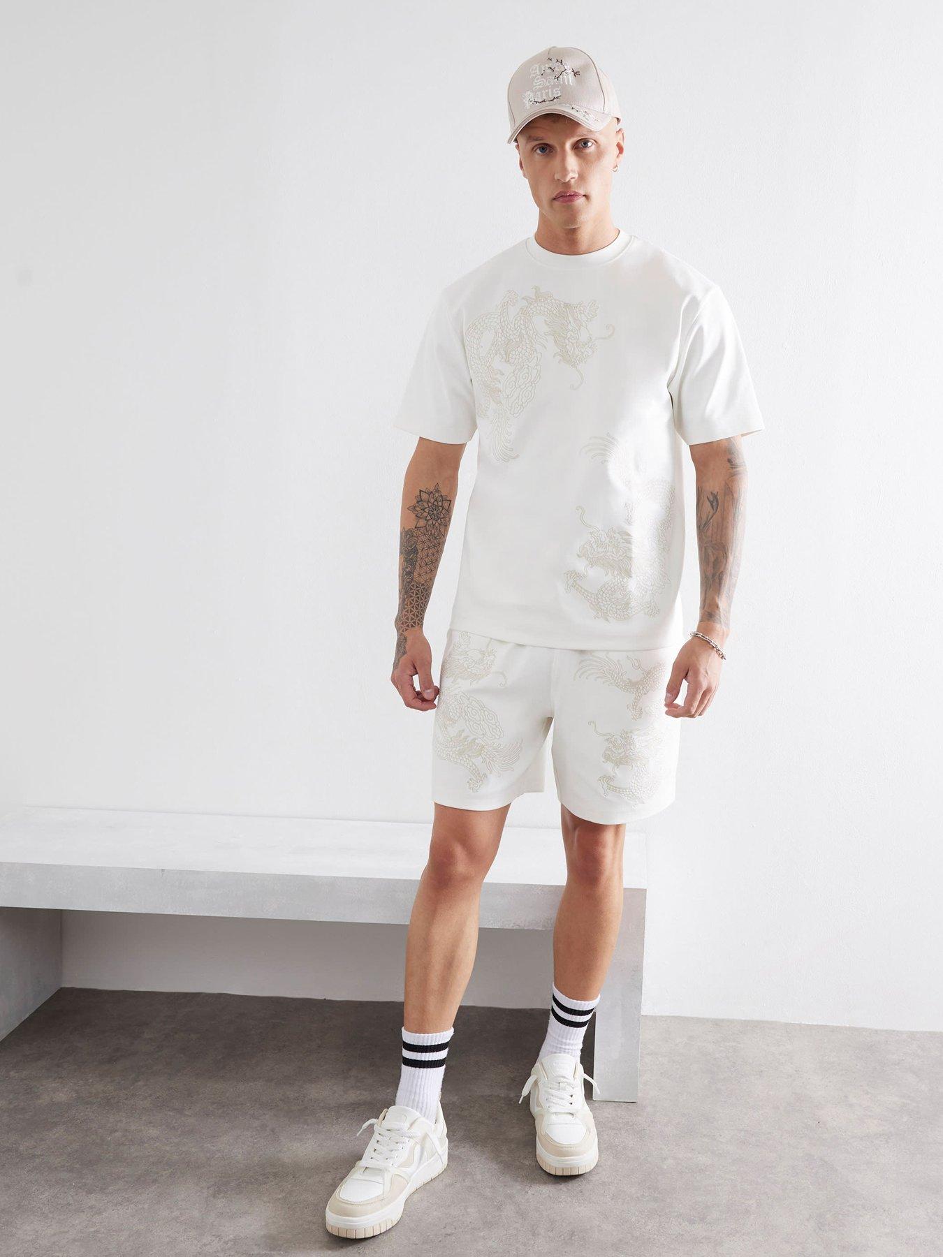 Image 3 of 4 of River Island Regular Fit Tonal Dragon Embroidered T-Shirt - Cream