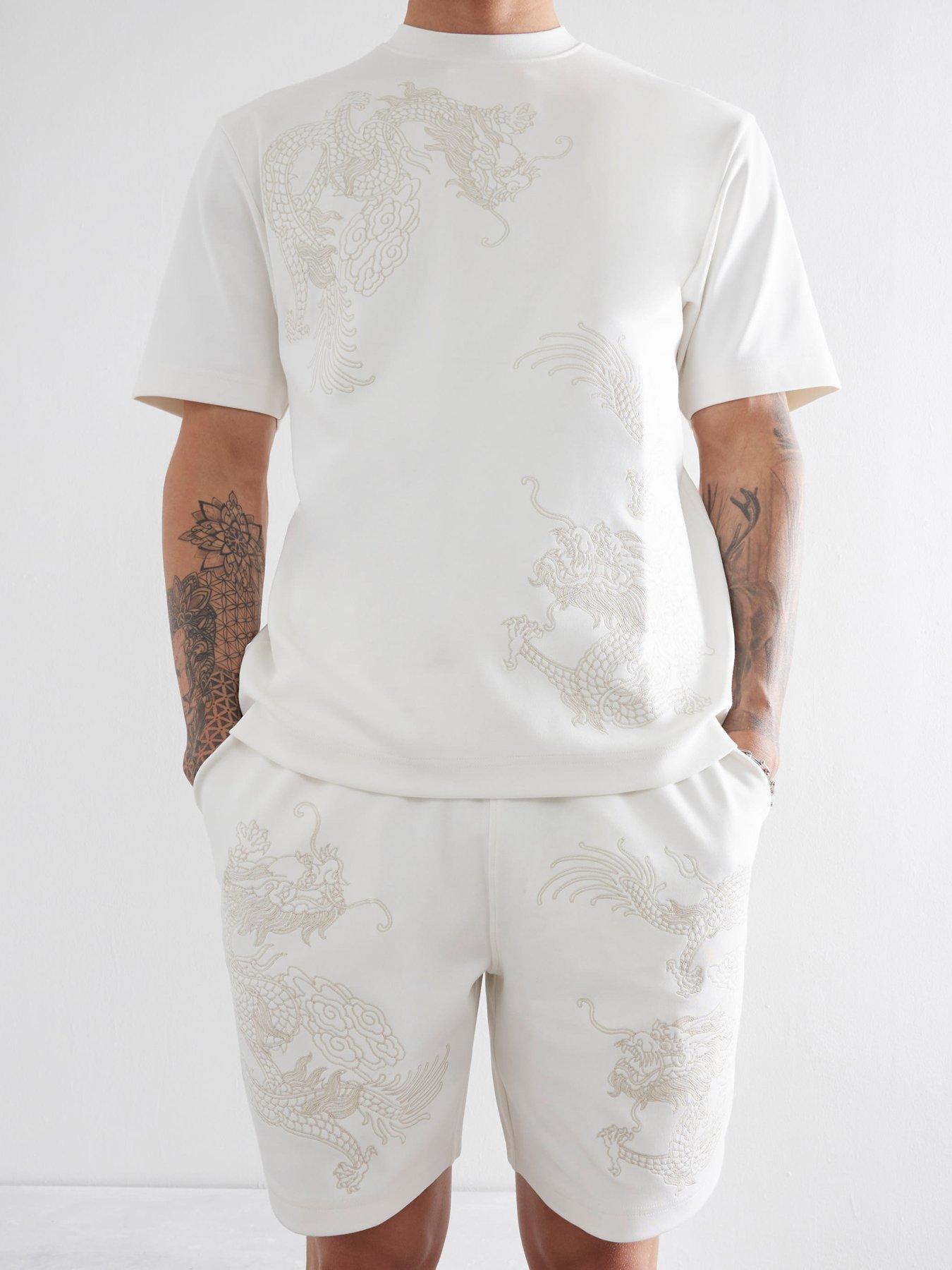 Image 4 of 4 of River Island Regular Fit Tonal Dragon Embroidered T-Shirt - Cream