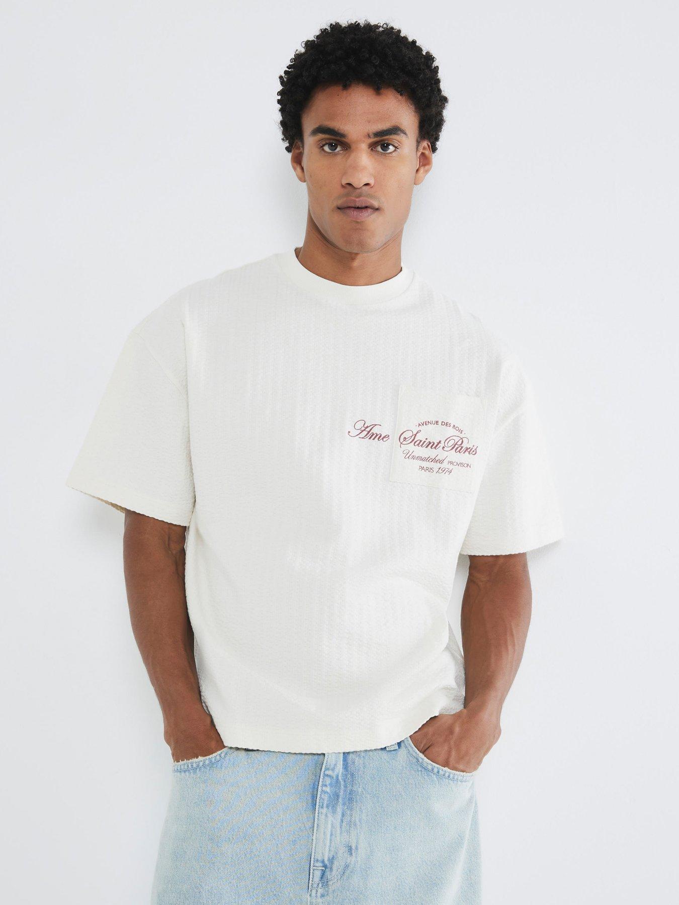 River Island Boxy Fit Seersucker Pocket Detail T-Shirt - Cream