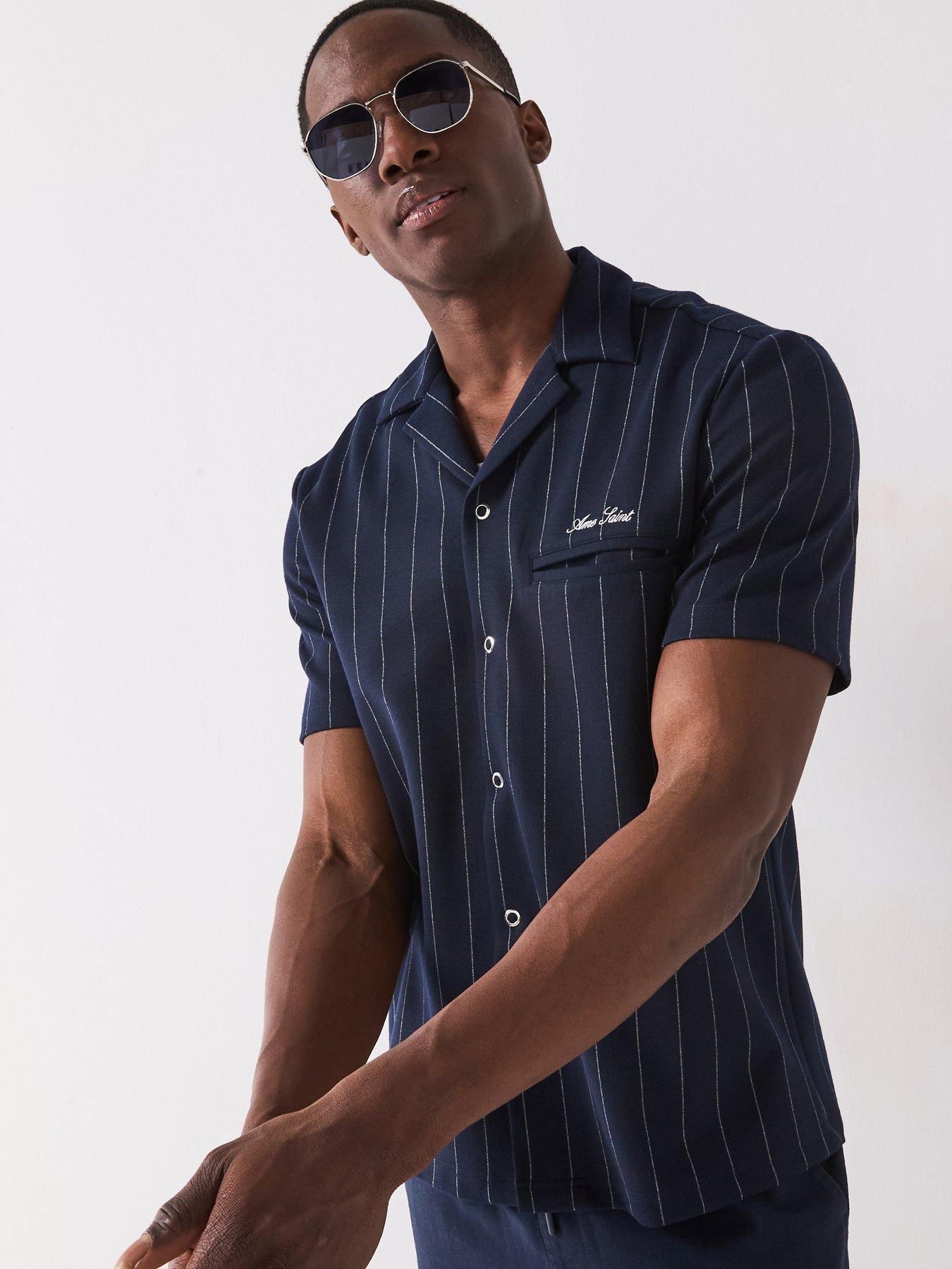 undefined Short Sleeve Regular Fit Pin Stripe Shirt - Navy