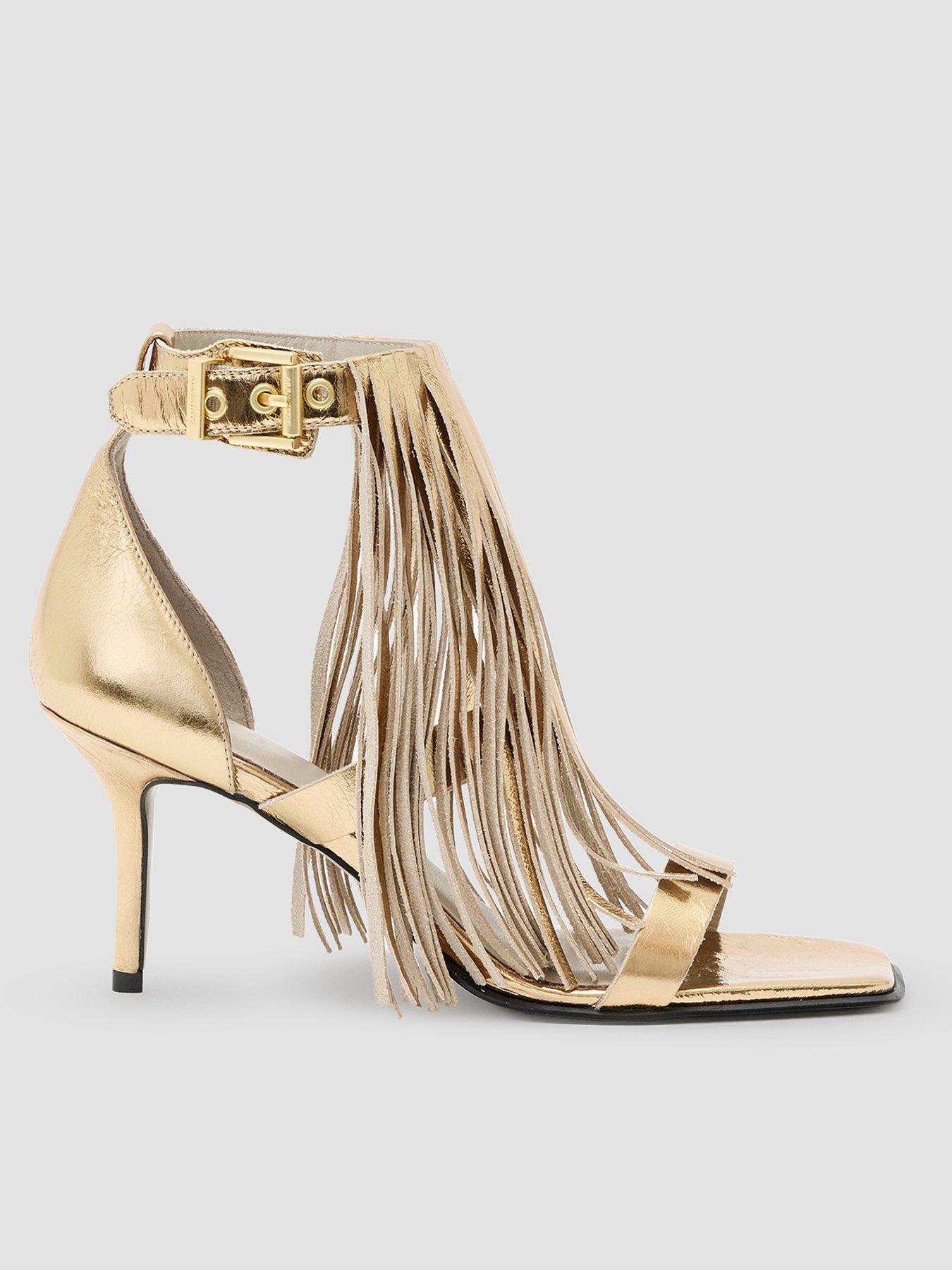 Image of AllSaints Paola Fringed Metallic Heeled Sandals - Gold