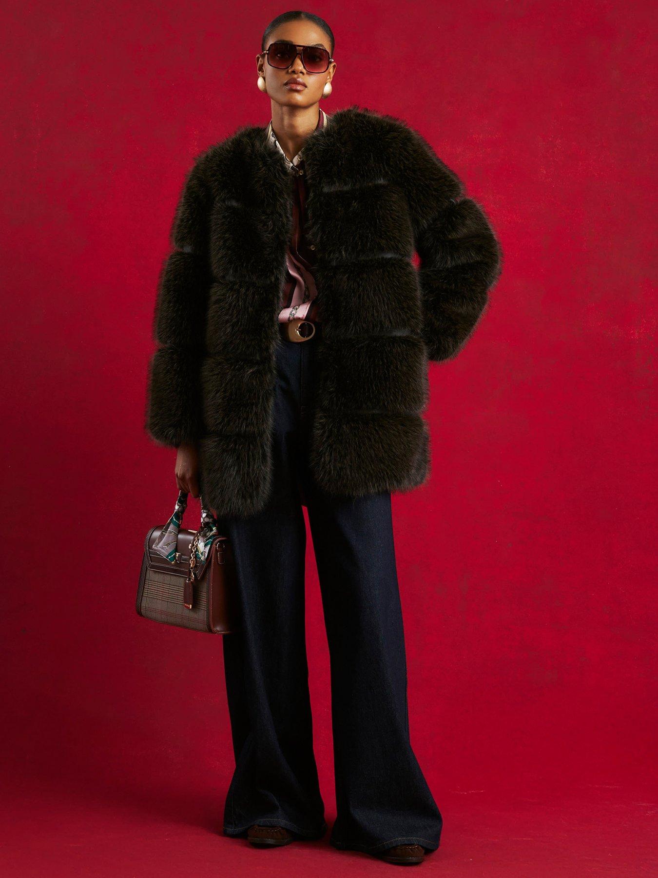 River Island Long Panelled Faux Fur Coat - Dark Brown