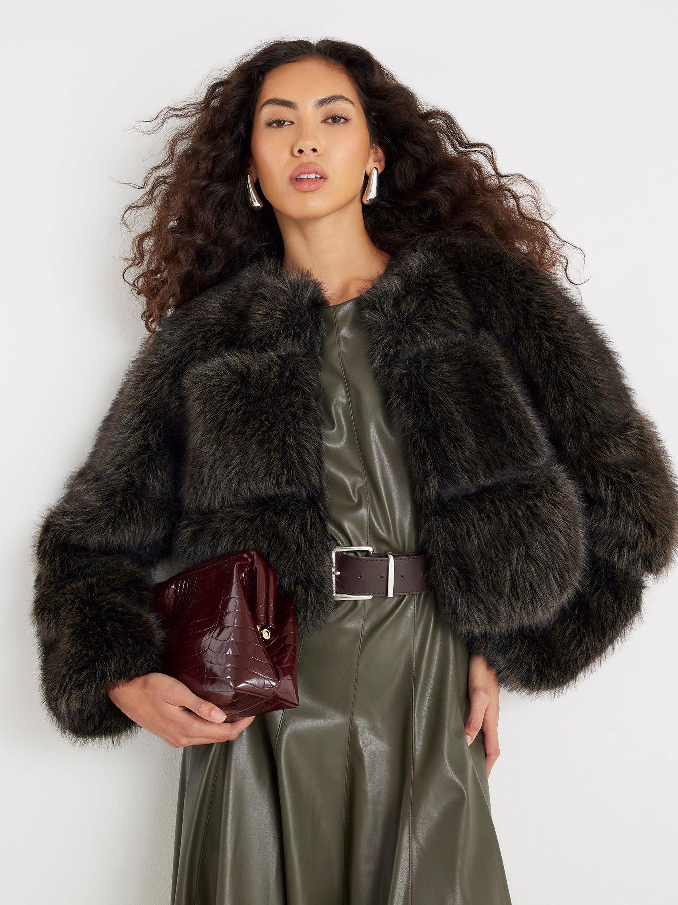 Image 1 of 4 of River Island Crop Panel Fur Jacket - Dark Brown