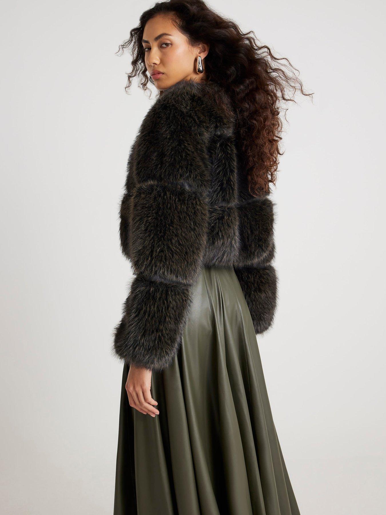 Image 2 of 4 of River Island Crop Panel Fur Jacket - Dark Brown