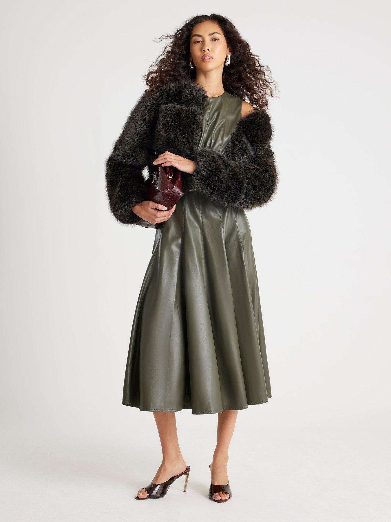 Image 3 of 4 of River Island Crop Panel Fur Jacket - Dark Brown