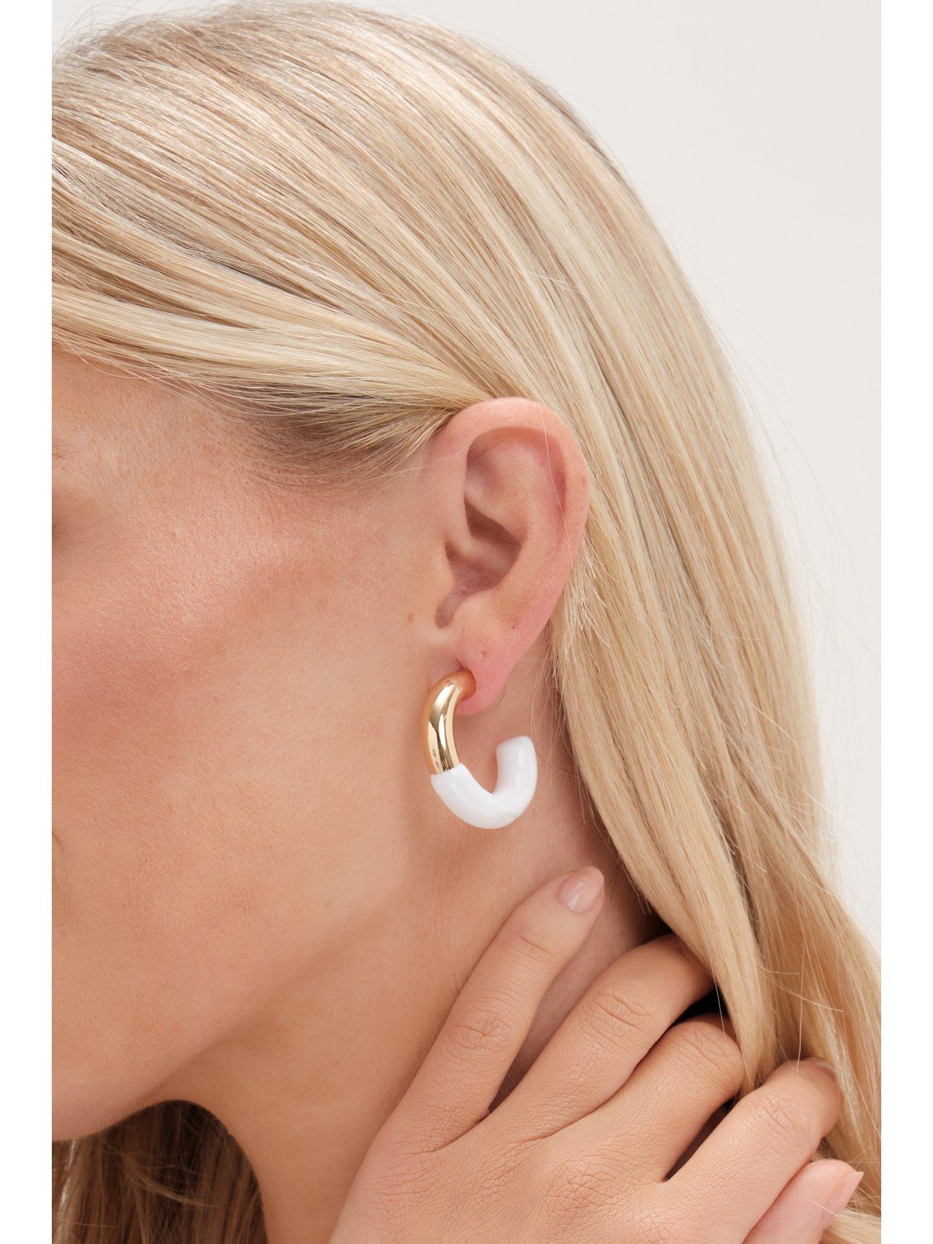 Image 3 of 4 of Mood Mood Gold White Half Enamel Hoop Earrings