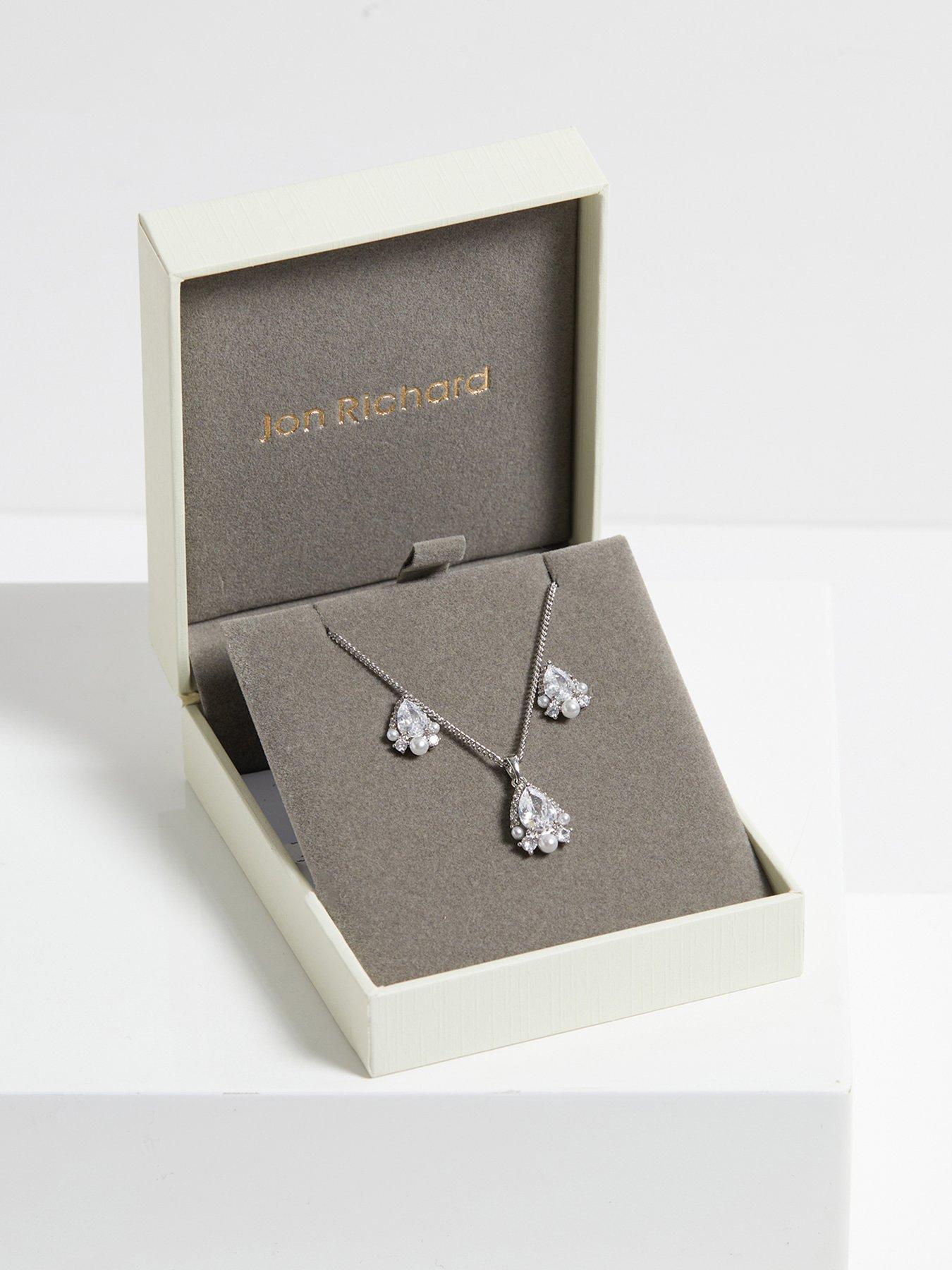 Image 1 of 3 of Jon Richard Jon Richard Rhodium Plated Cubic Zirconia Pear Drop And Pearl Set - Gift Boxed