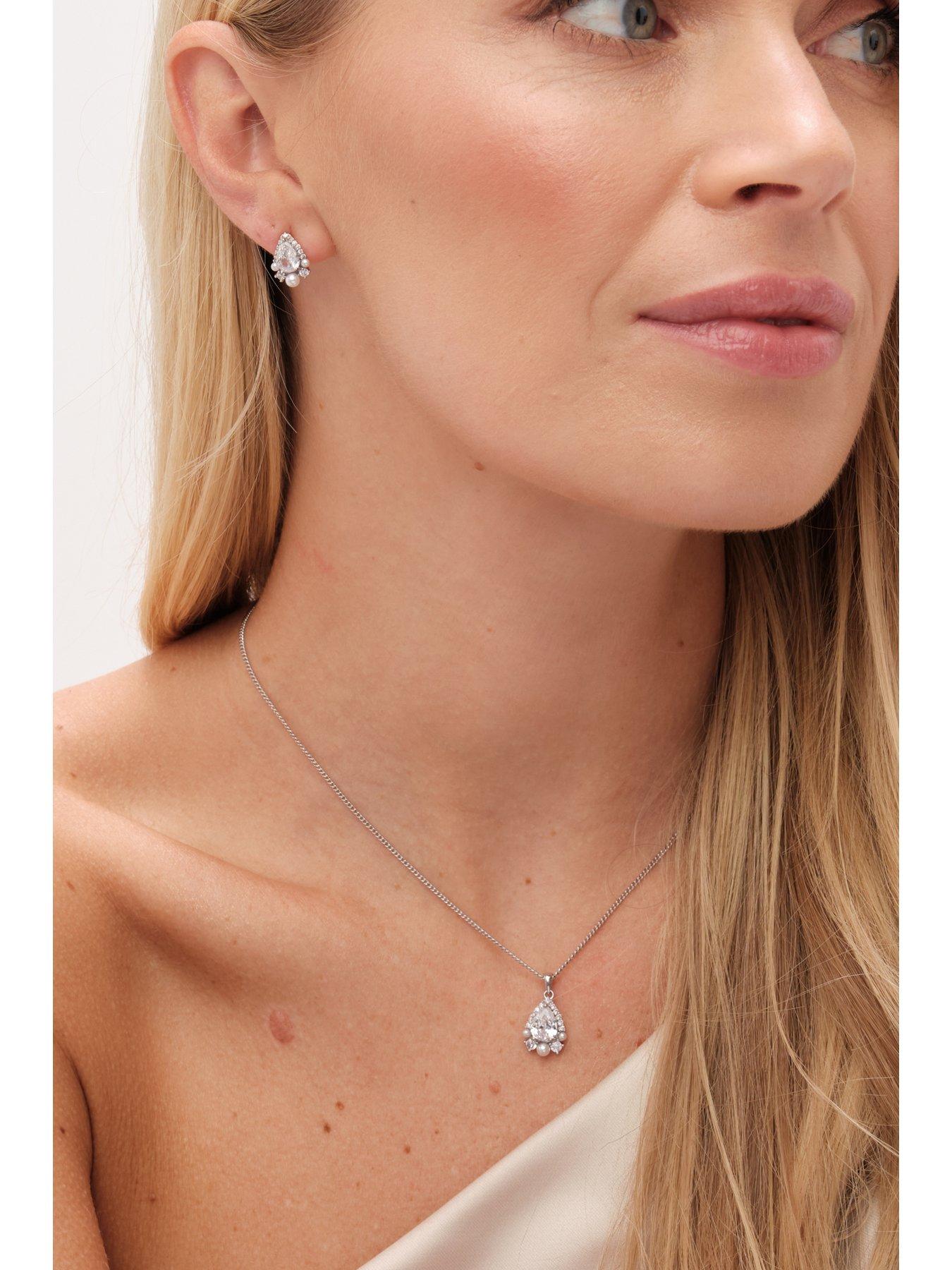 Image 2 of 3 of Jon Richard Jon Richard Rhodium Plated Cubic Zirconia Pear Drop And Pearl Set - Gift Boxed