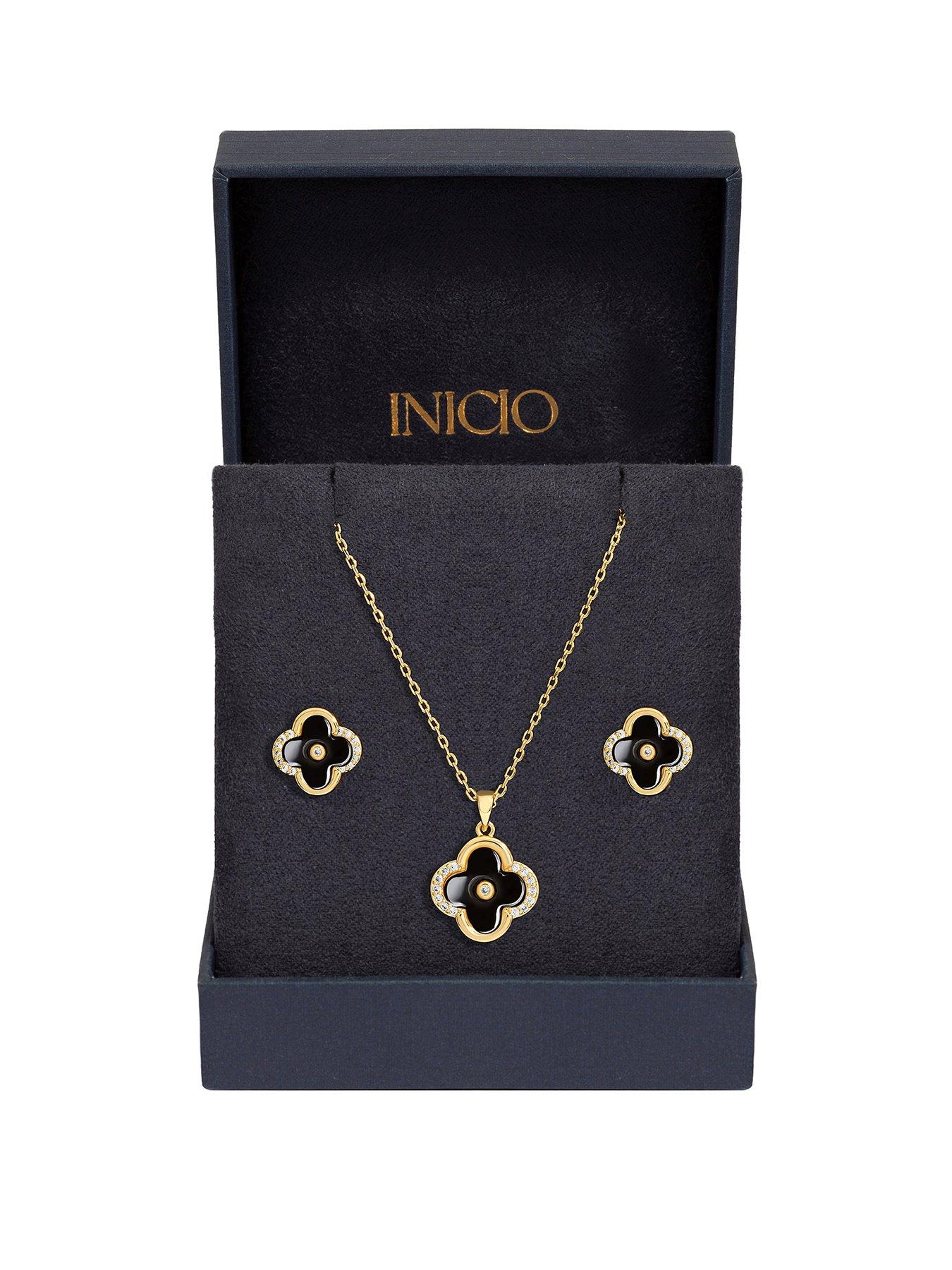 undefined Inicio Gold Plated And Jet Enamel Clover Set - Gift Boxed