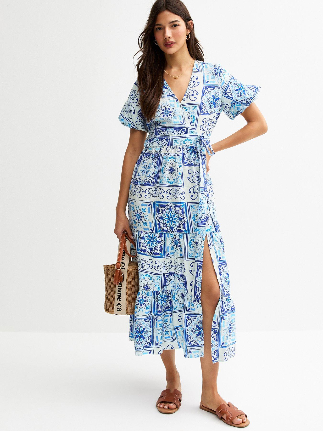 New Look Mary Tile Tier Wrap Midi - Blue