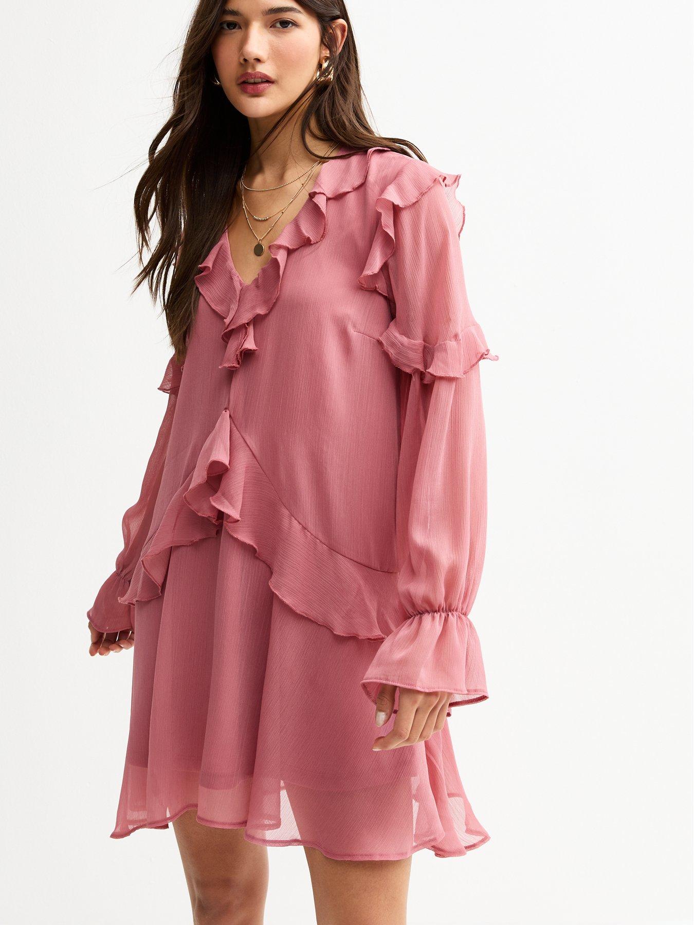 Image 1 of 4 of New Look Chiffon Ruffled Long Sleeve Mini Dress - Pink