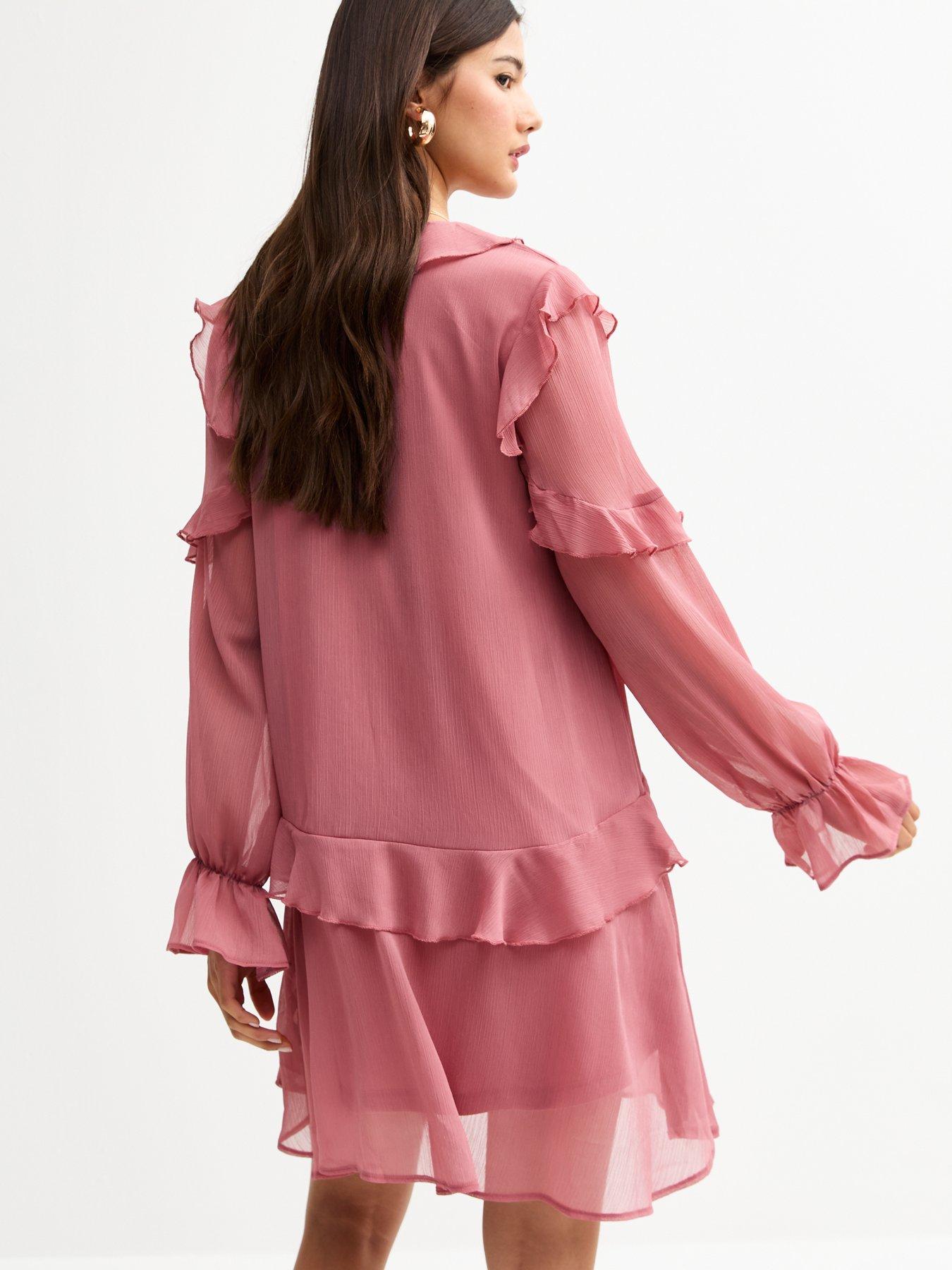 Image 2 of 4 of New Look Chiffon Ruffled Long Sleeve Mini Dress - Pink