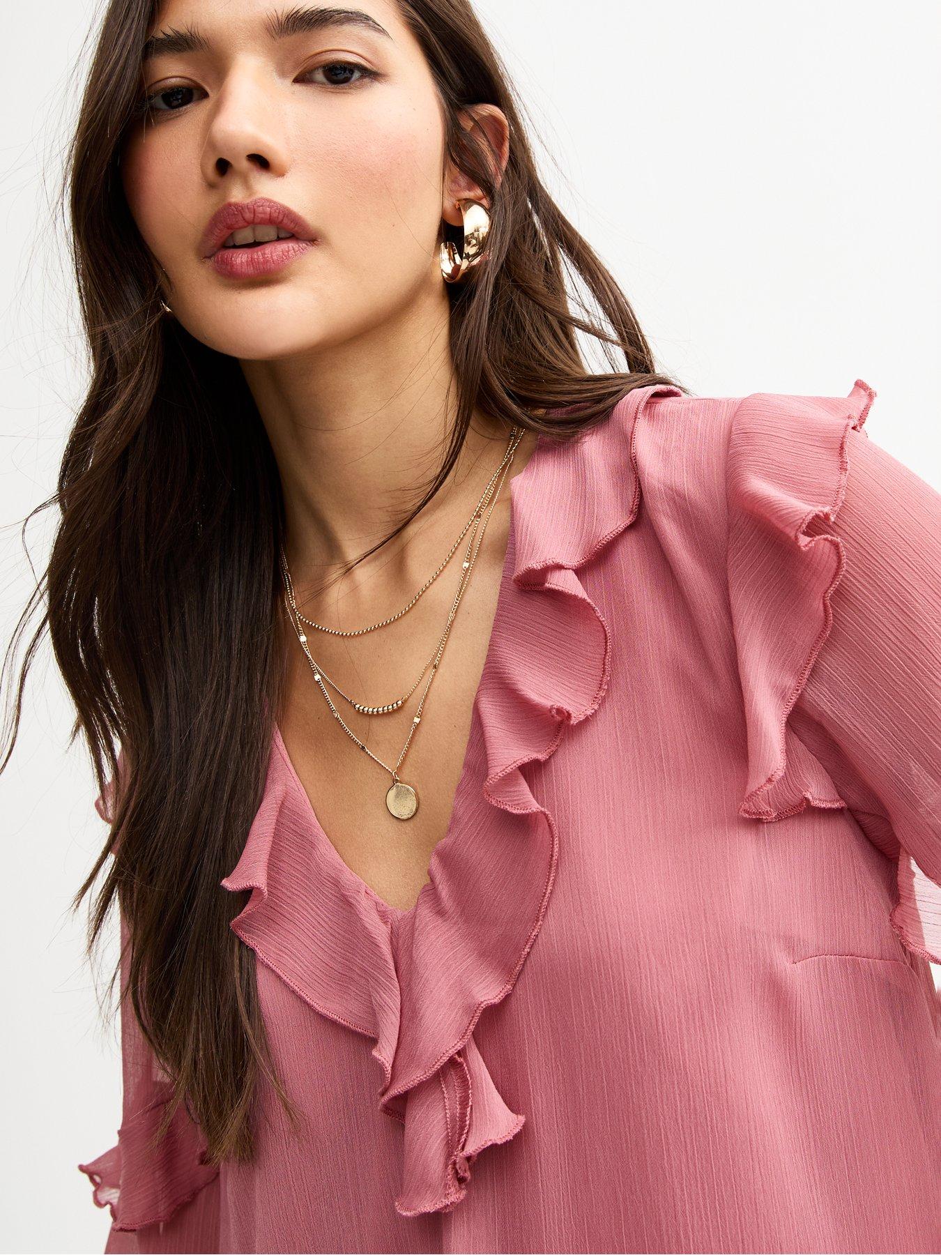 Image 4 of 4 of New Look Chiffon Ruffled Long Sleeve Mini Dress - Pink