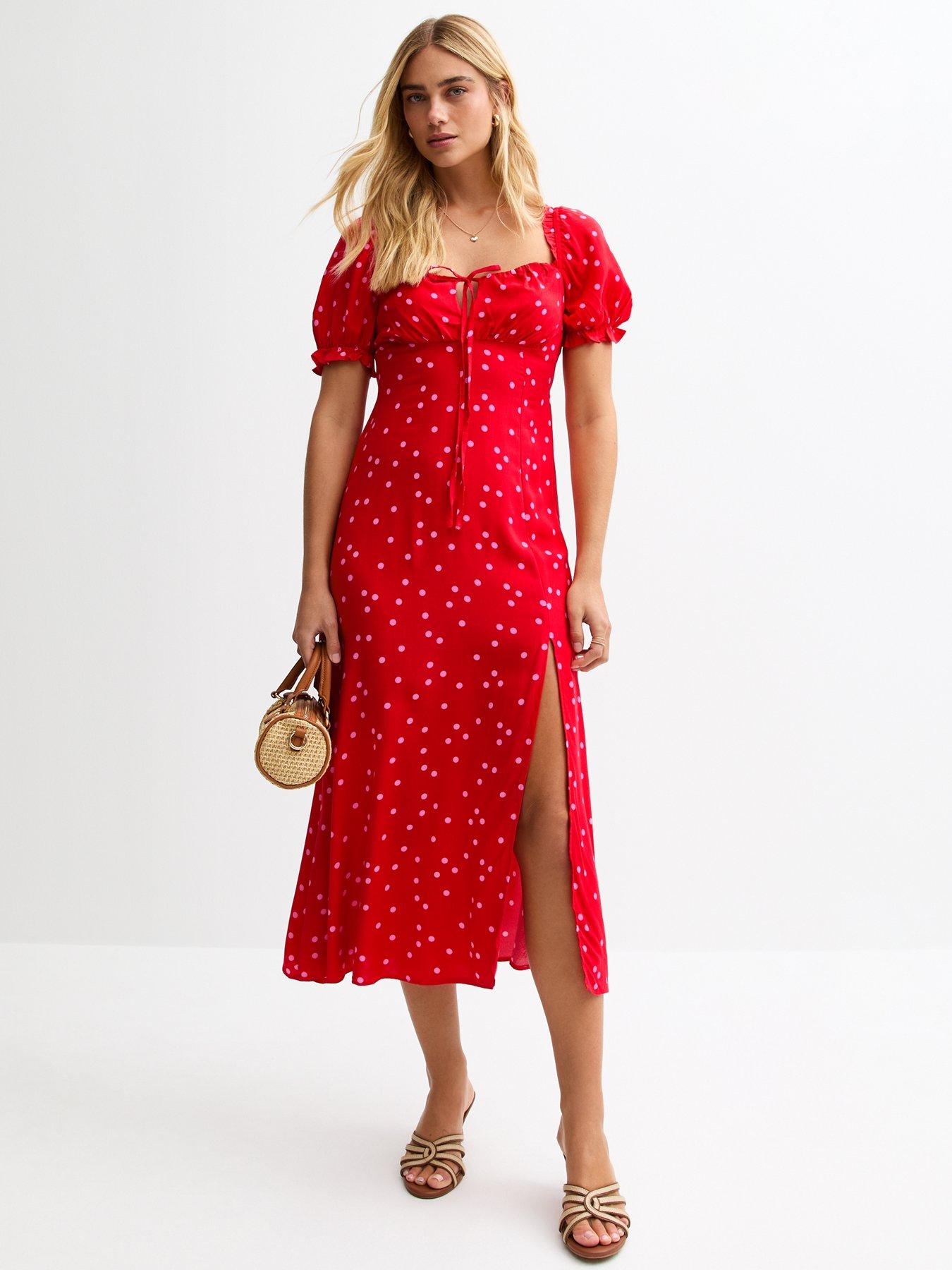 Image of New Look Polka Dot Tie Front Milkmaid Midi Dress - Red