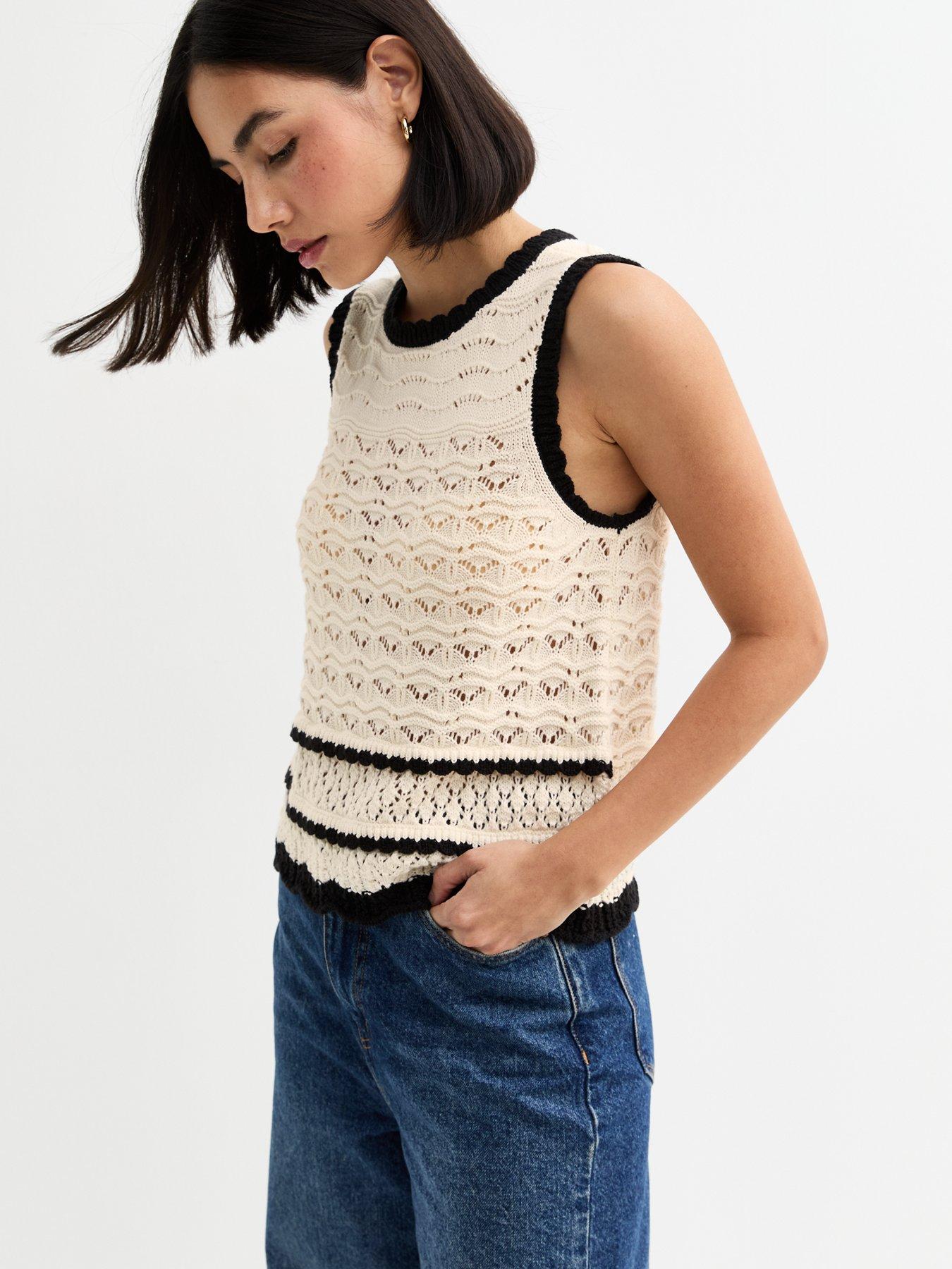 Image of New Look Cream Open Knit Contrast Trim Vest