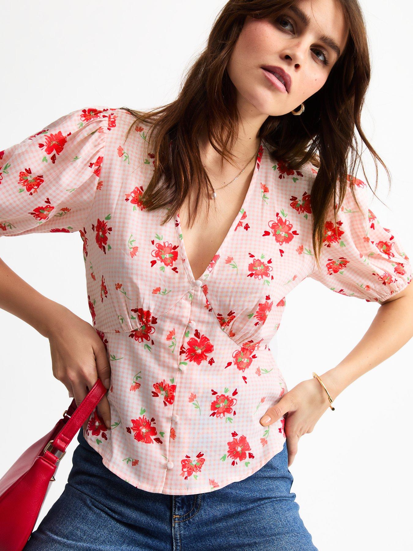 Image of New Look Pink Gingham Floral Print Milkmaid Top