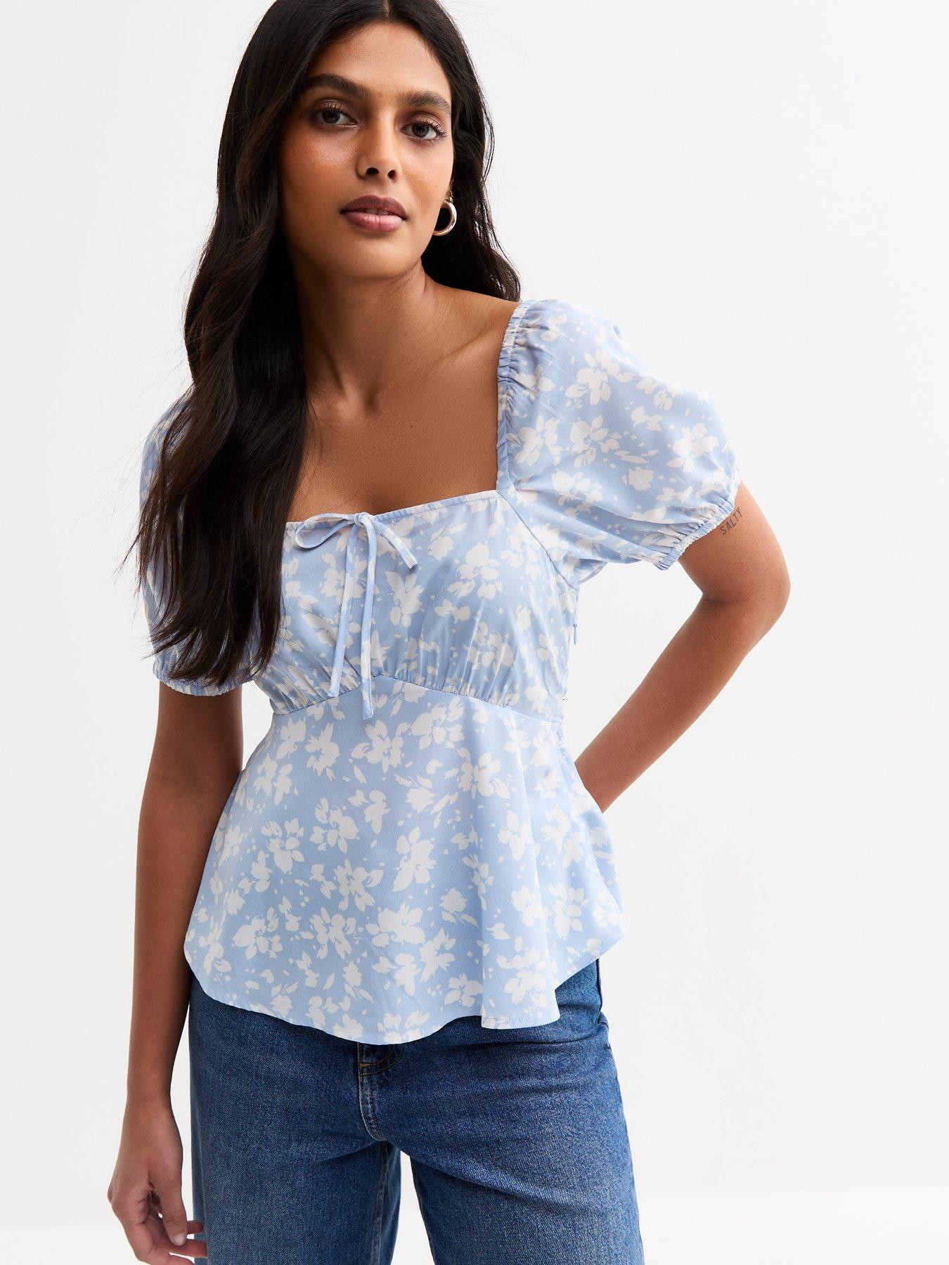 New Look Floral Print Peplum Top - Blue
