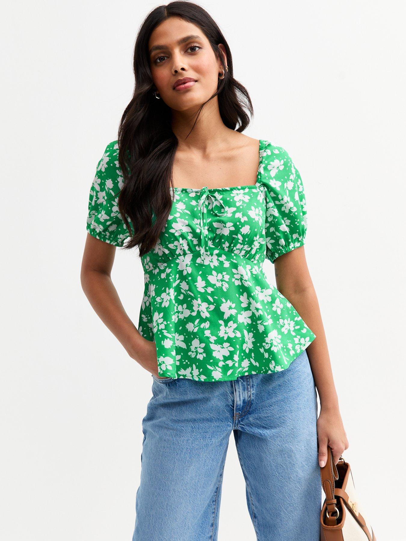 Image 1 of 4 of New Look Floral Print Peplum Top - Green