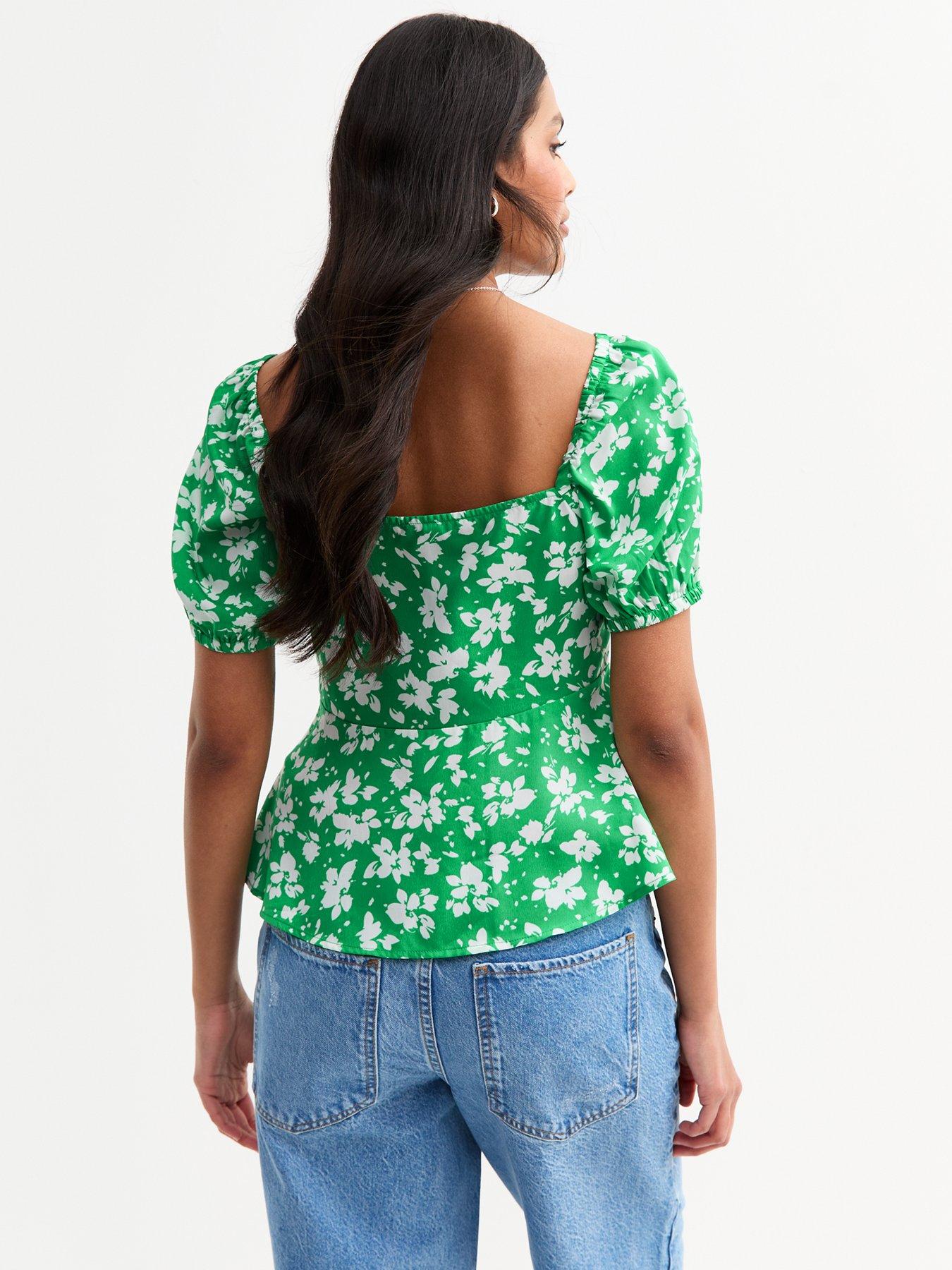 Image 2 of 4 of New Look Floral Print Peplum Top - Green