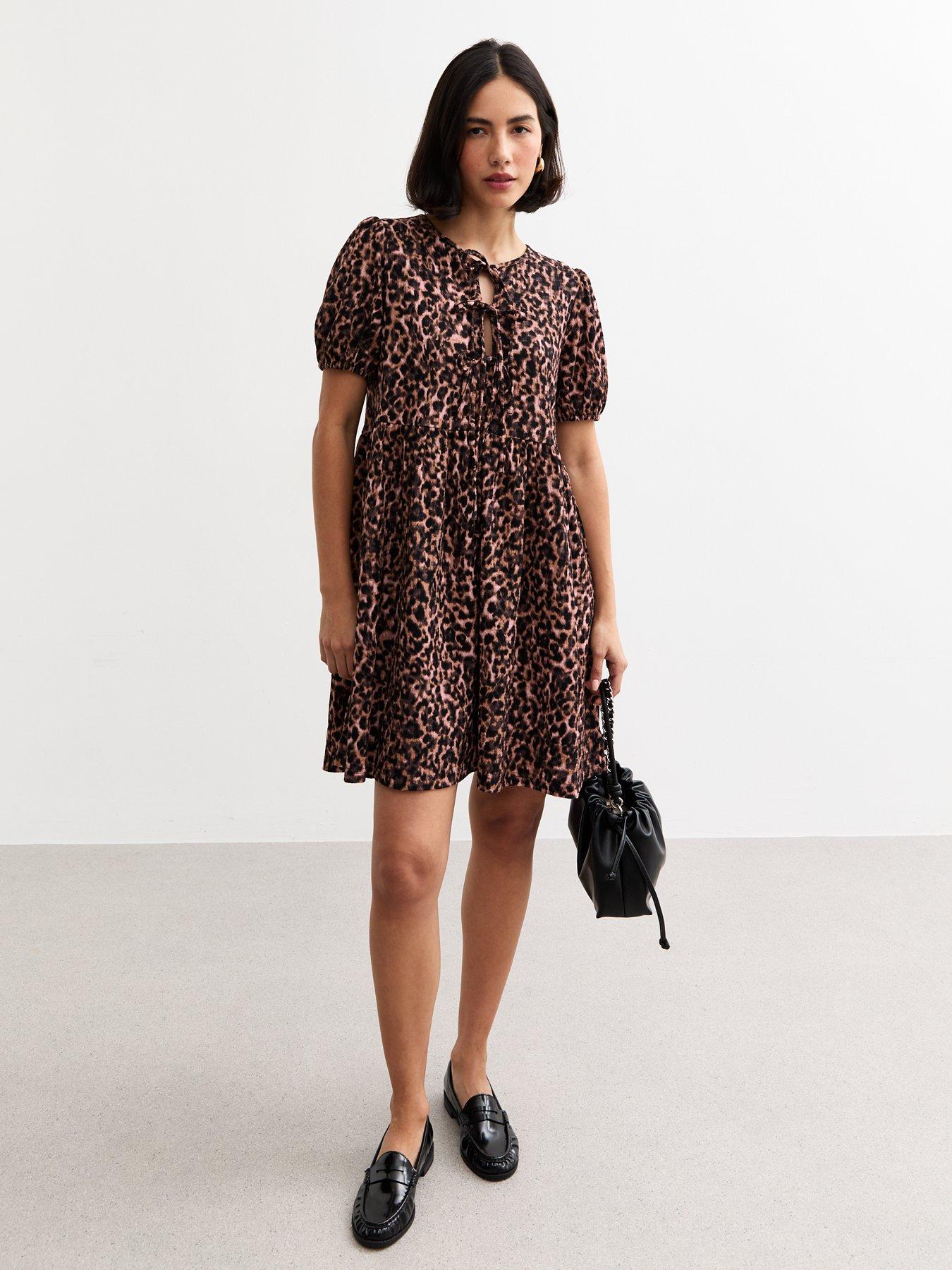 New Look Brown Crinkled Leopard Print Tie Front Mini Dress