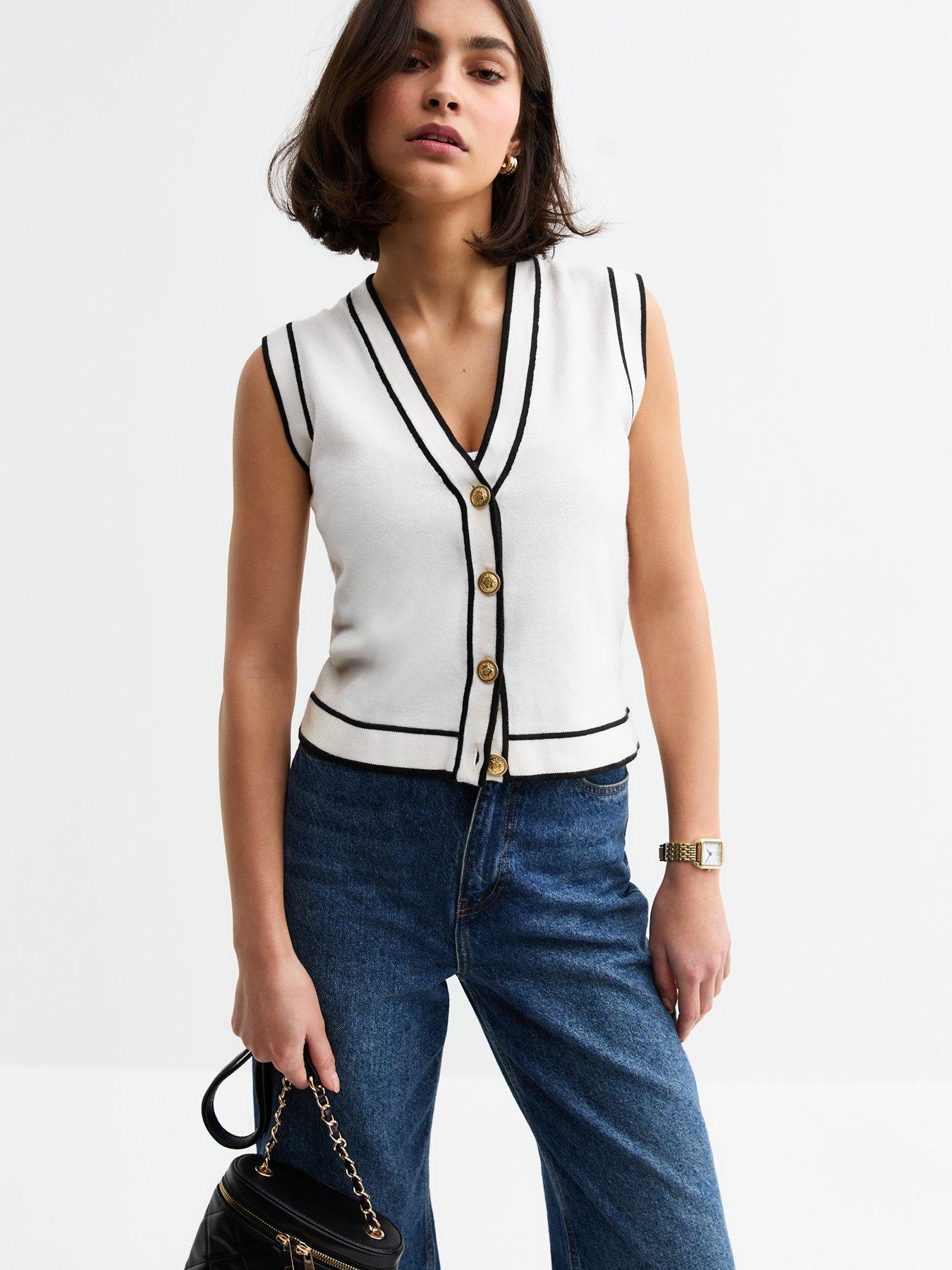 undefined Off White Contrast Tipping Sleeveless Waistcoat