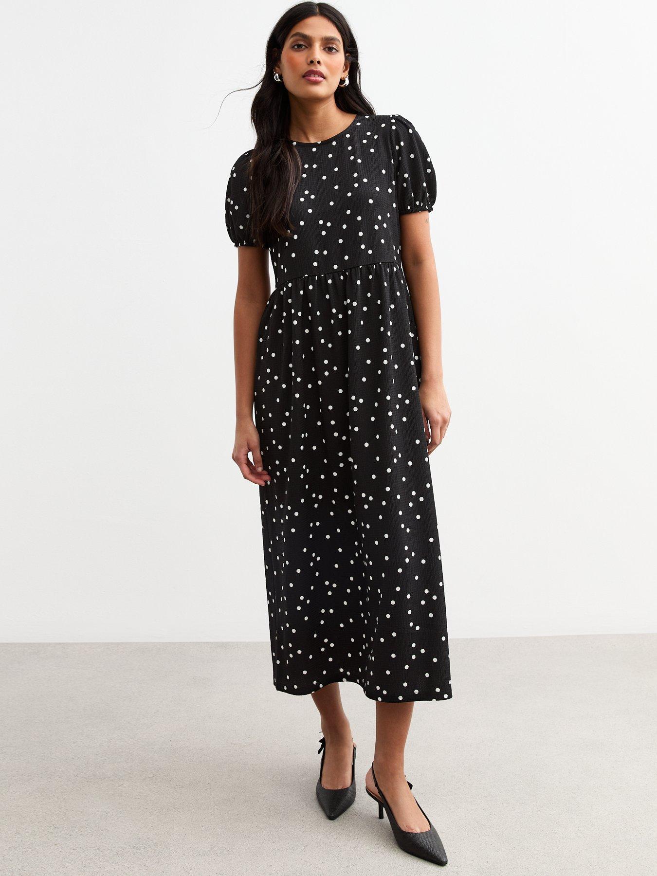 New Look Crinkled Jersey Polka Dot Bow Back Midi Dress - Black