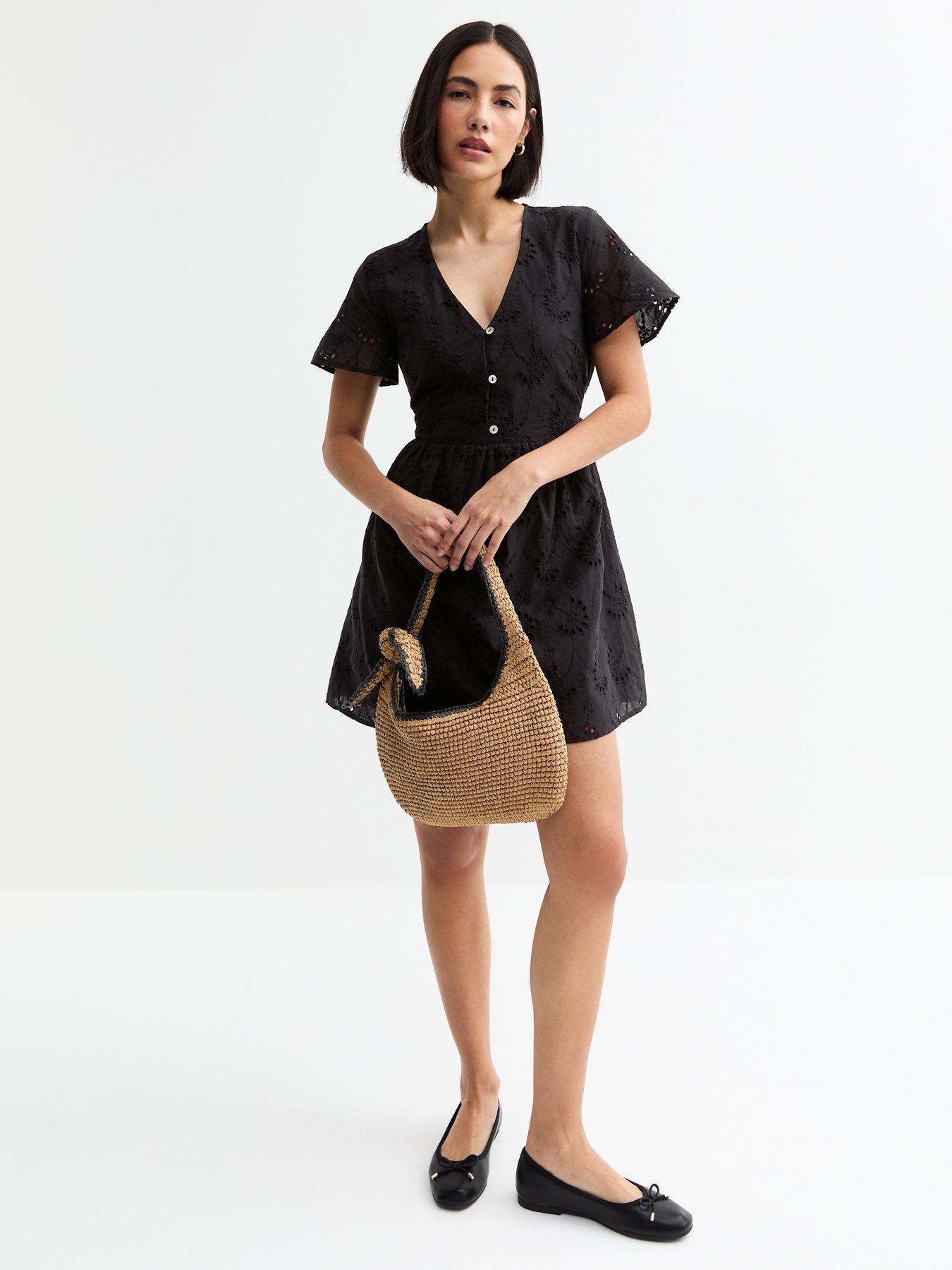 Image of New Look Black Broderie Anglaise V Neck Mini Dress