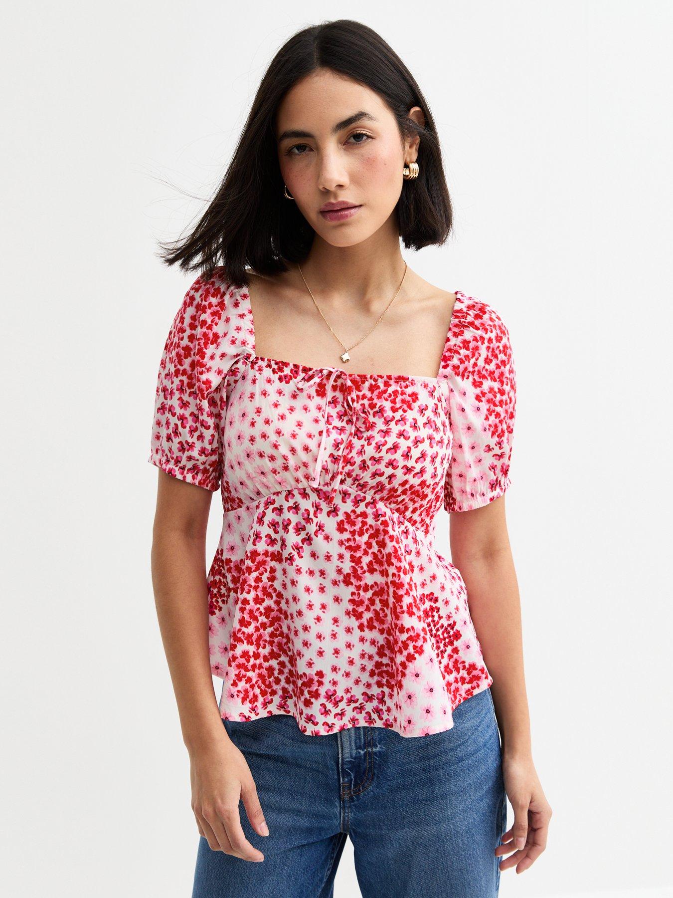 new-look-floral-print-puff-sleeve-top-pink